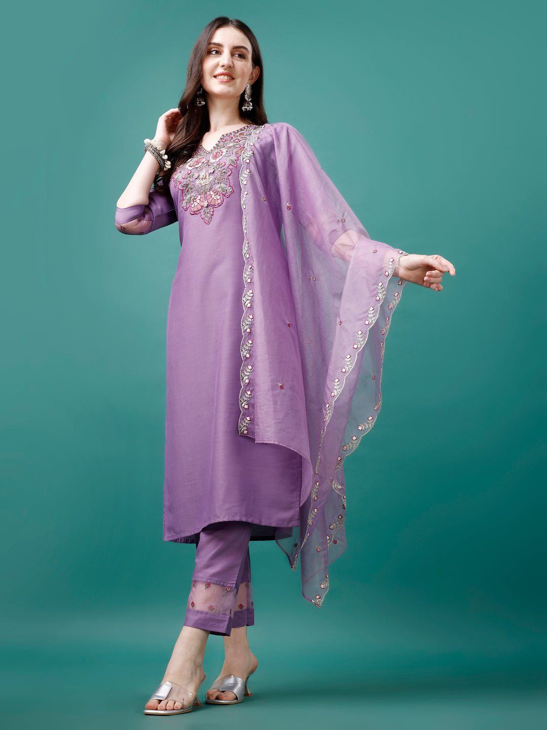 Embroidered Kurta with pant & Premium Embroidered Organza Dupatta