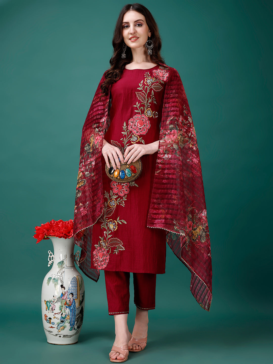 Hand Embroidered Kurta with pant & Printed Premium Organza Dupatta luxury