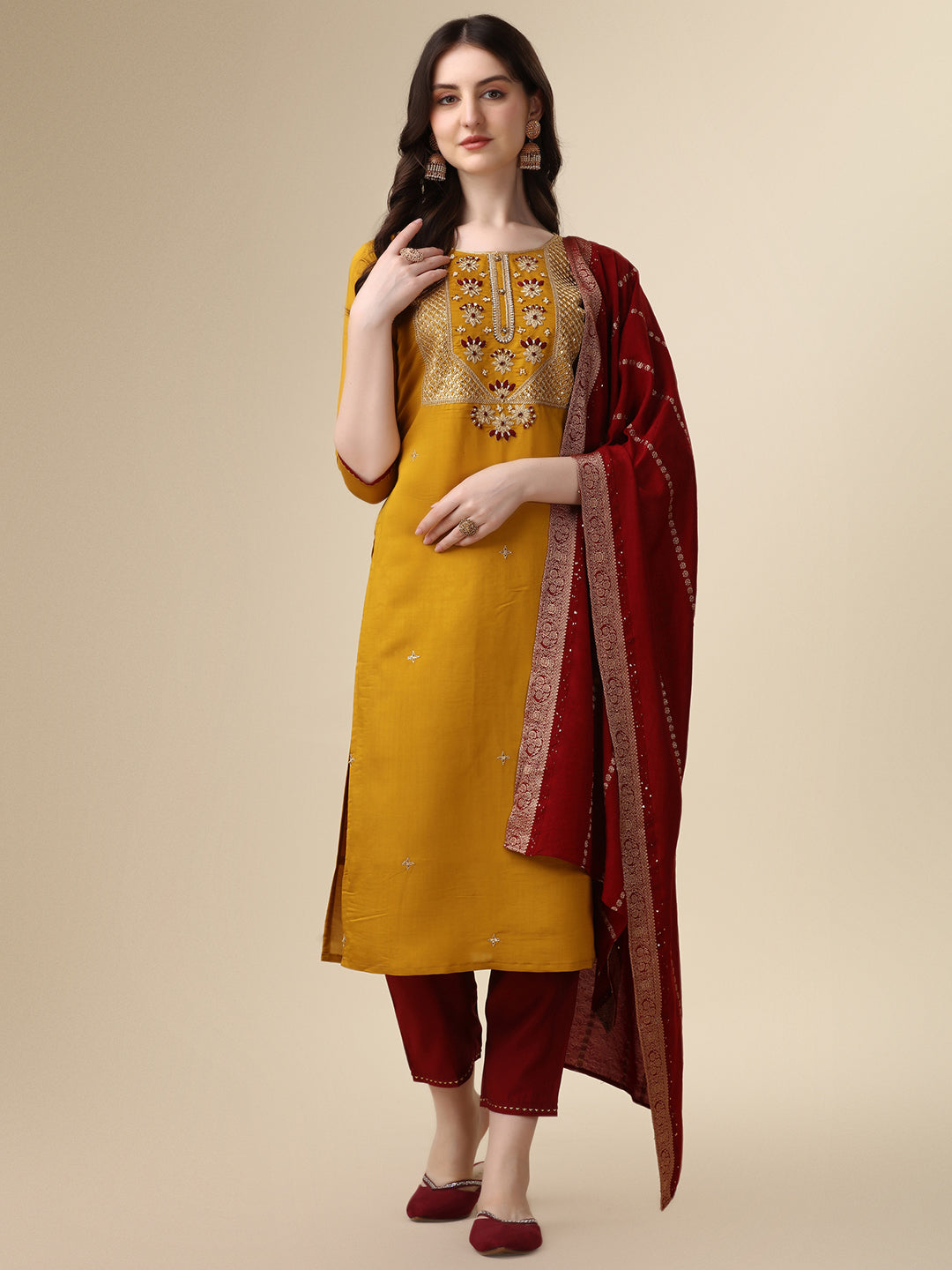 Hand Embroidered Kurta with pant & Dupatta set