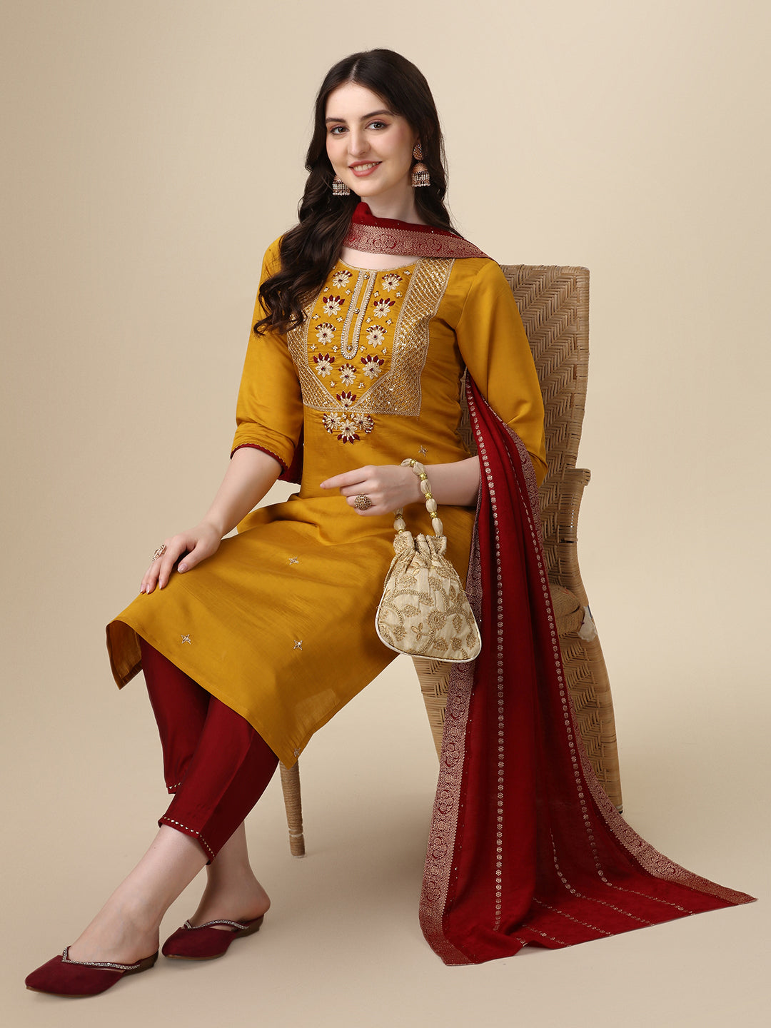 Hand Embroidered Kurta with pant & Dupatta set