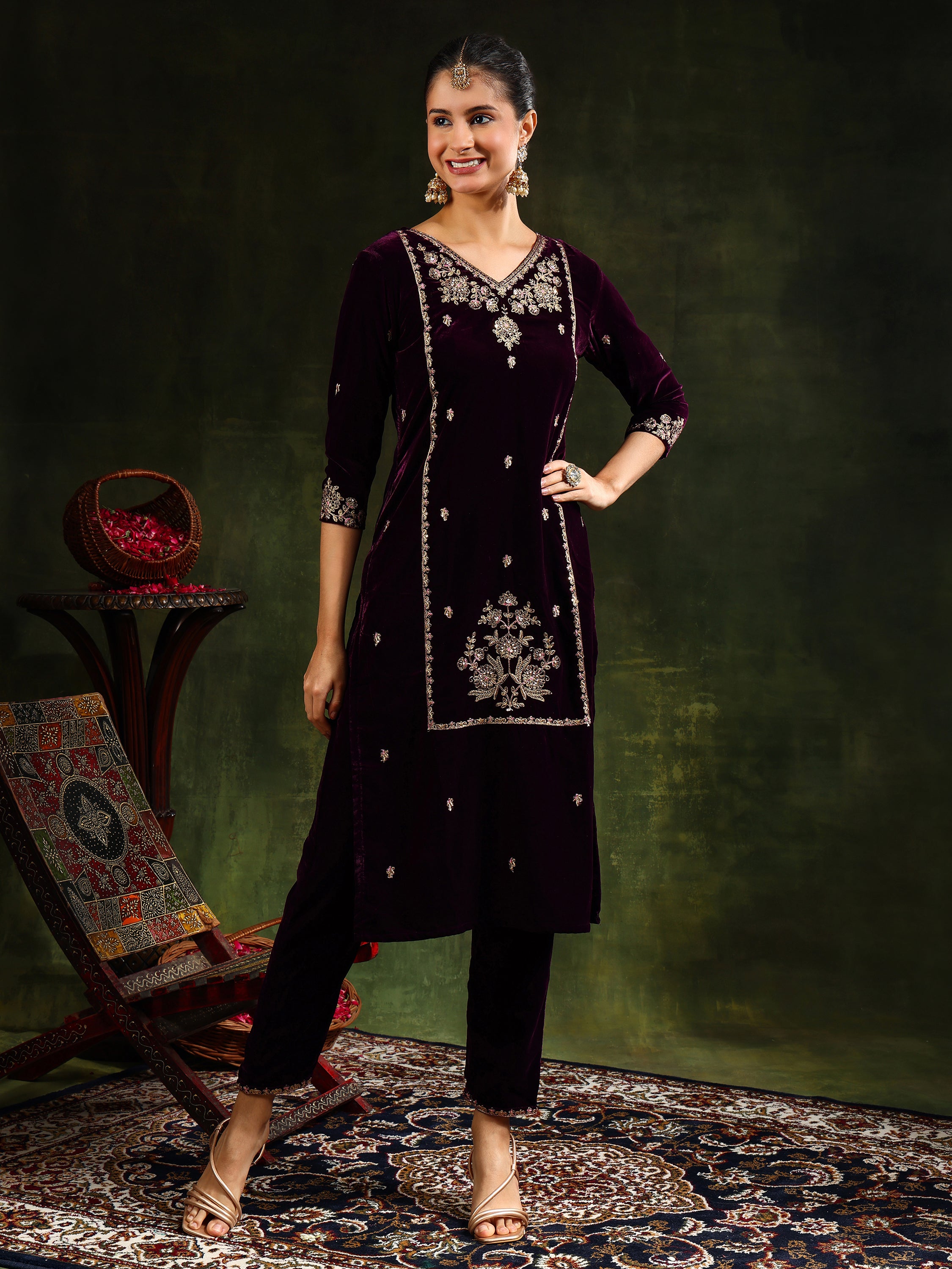 Hand & Machine Embroidered Velvet Kurta With pant & Dupatta