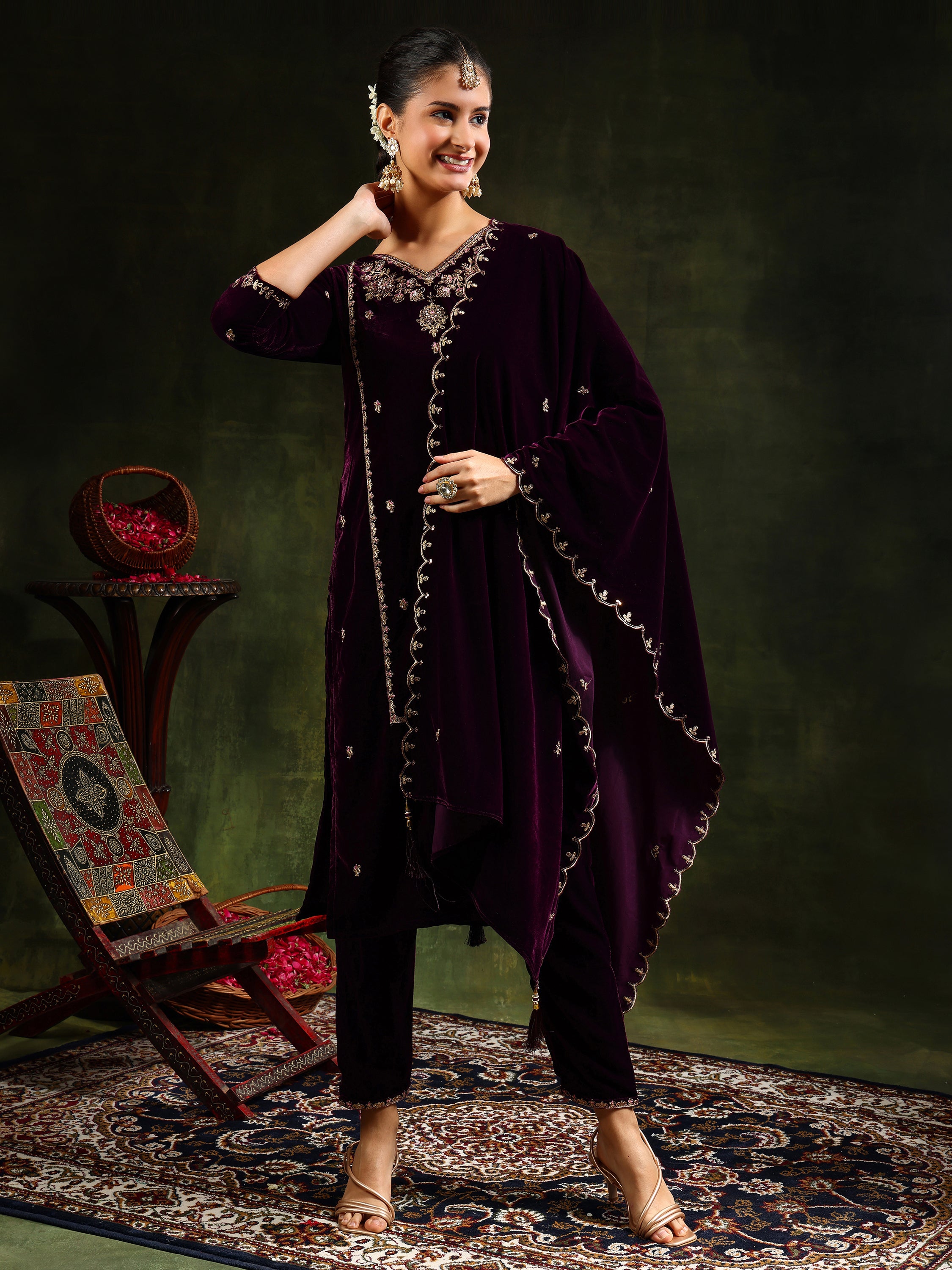 Hand & Machine Embroidered Velvet Kurta With pant & Dupatta