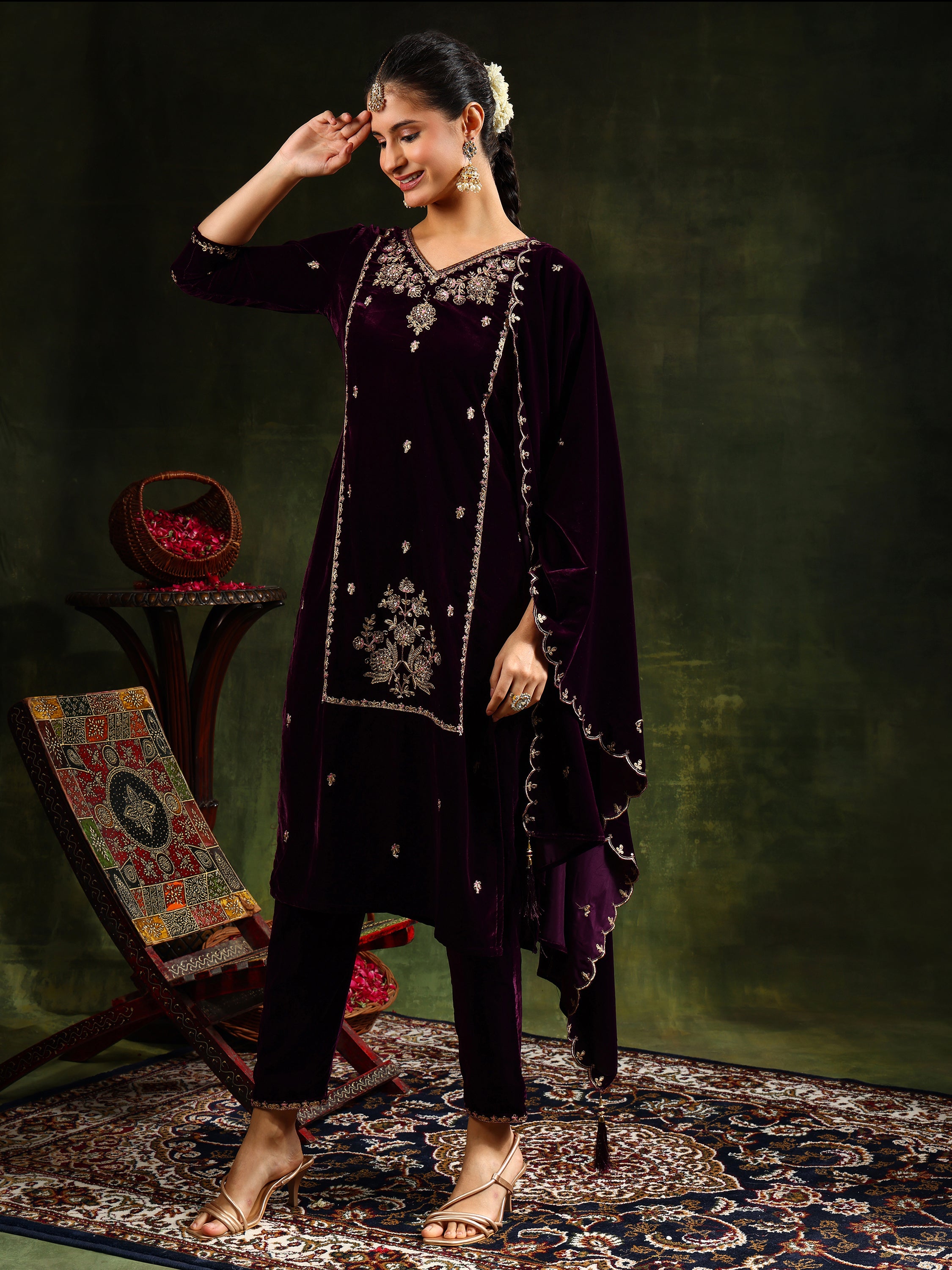 Hand & Machine Embroidered Velvet Kurta With pant & Dupatta