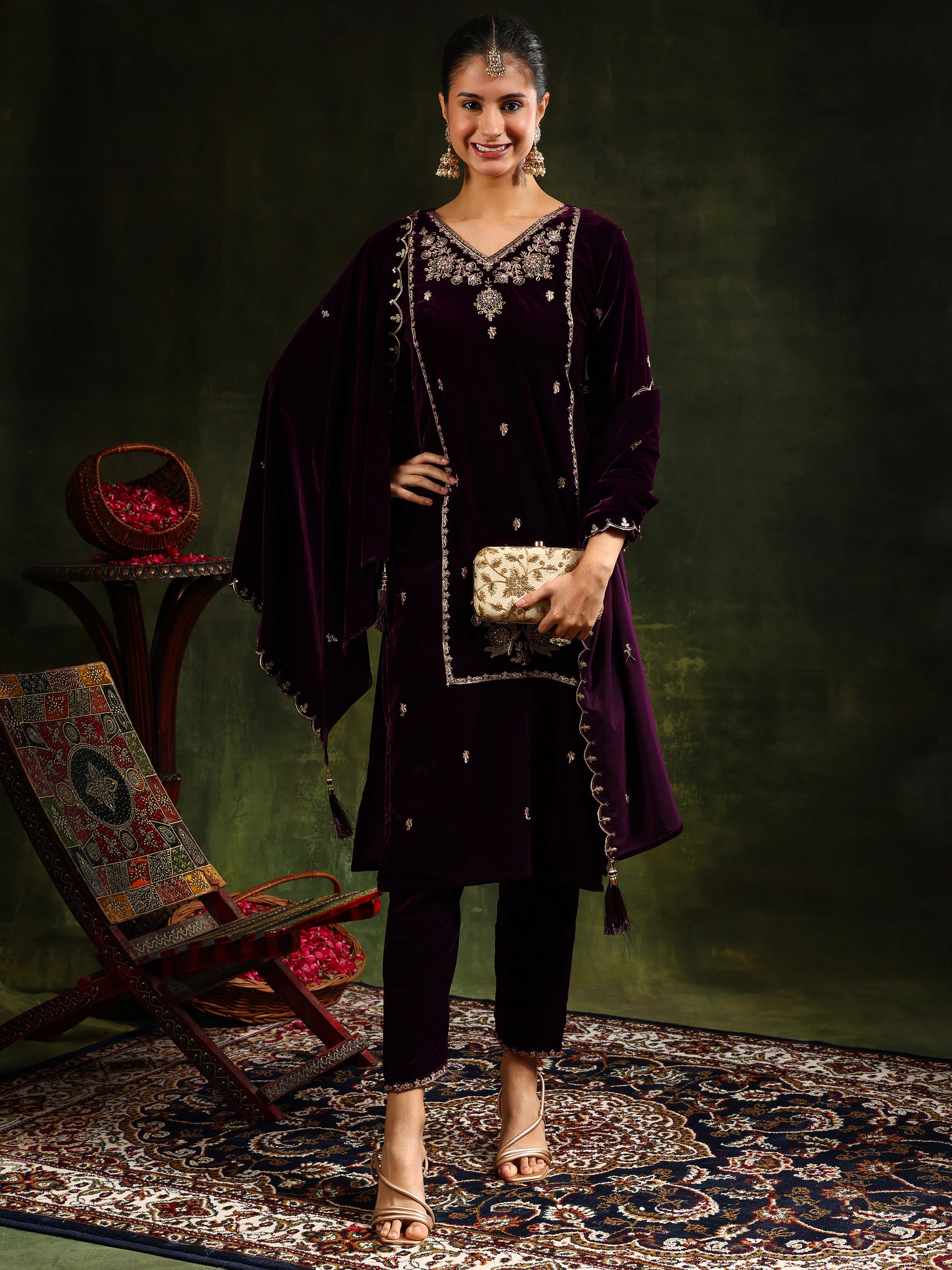 Hand & Machine Embroidered Velvet Kurta With pant & Dupatta