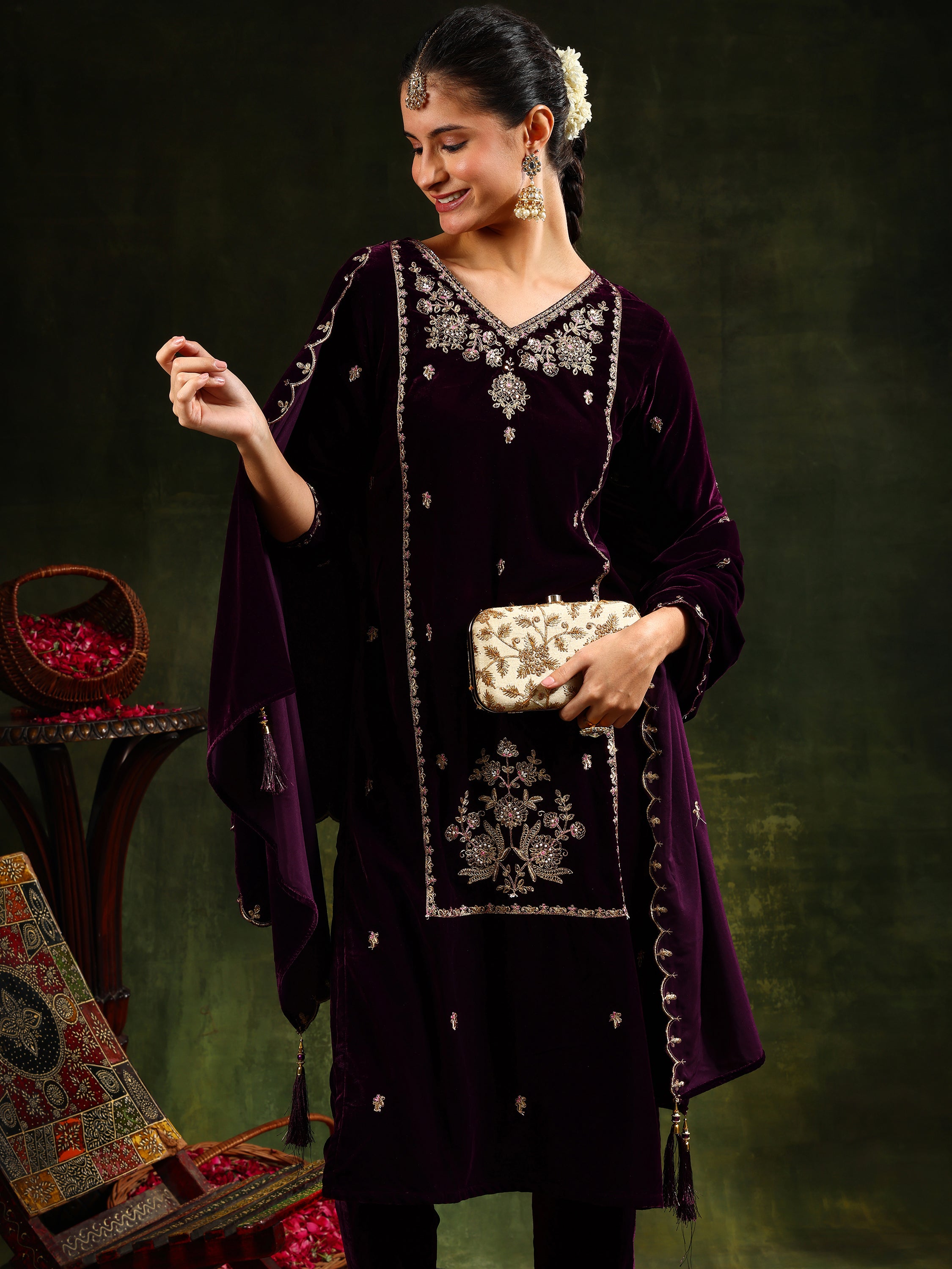 Hand & Machine Embroidered Velvet Kurta With pant & Dupatta