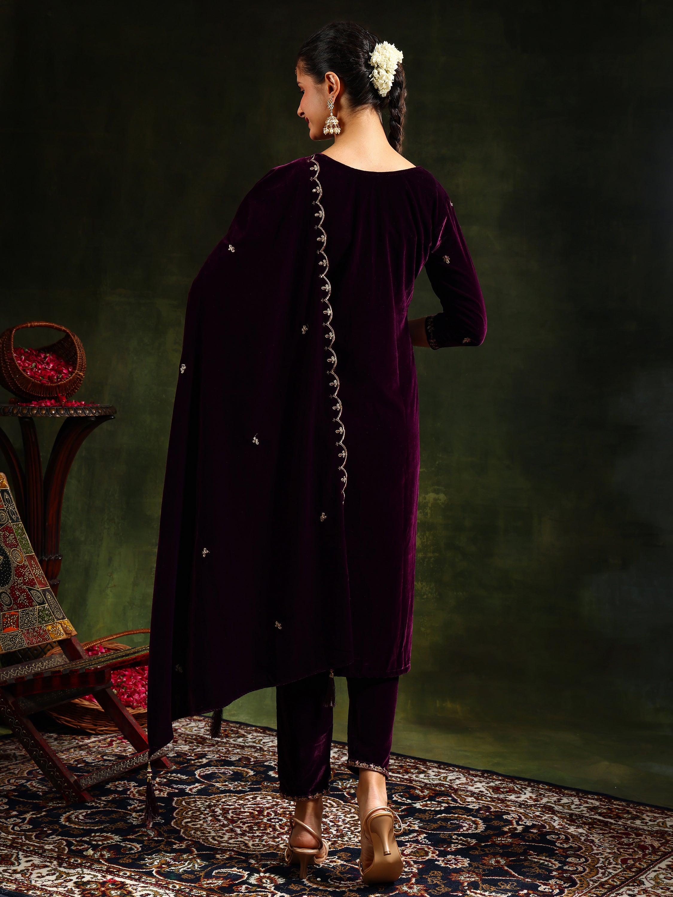 Hand & Machine Embroidered Velvet Kurta With pant & Dupatta