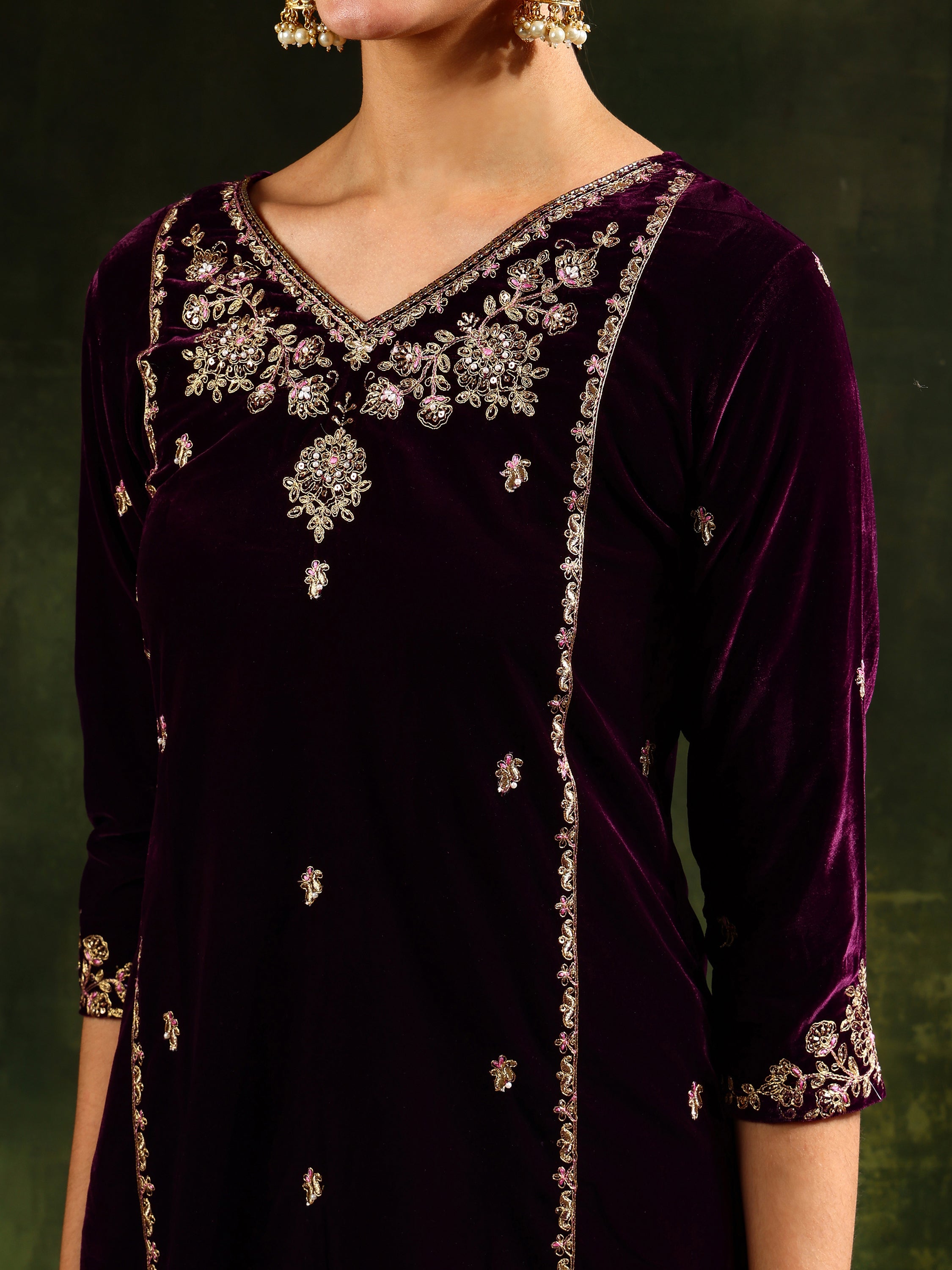 Hand & Machine Embroidered Velvet Kurta With pant & Dupatta