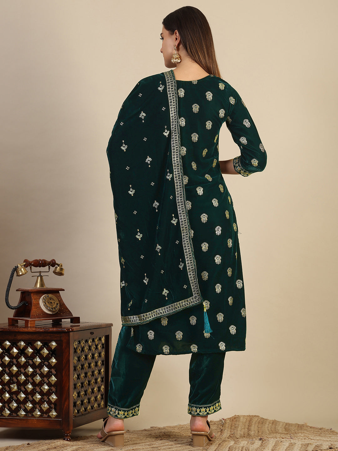 Hand & Foil Printed Velvet Kurta with pant & dupatta