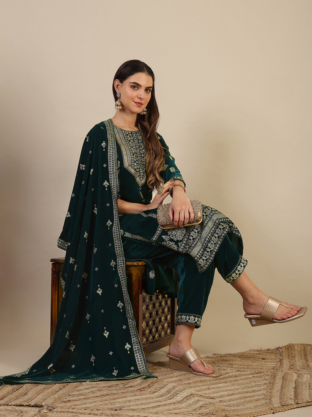 Hand & Foil Printed Velvet Kurta with pant & dupatta