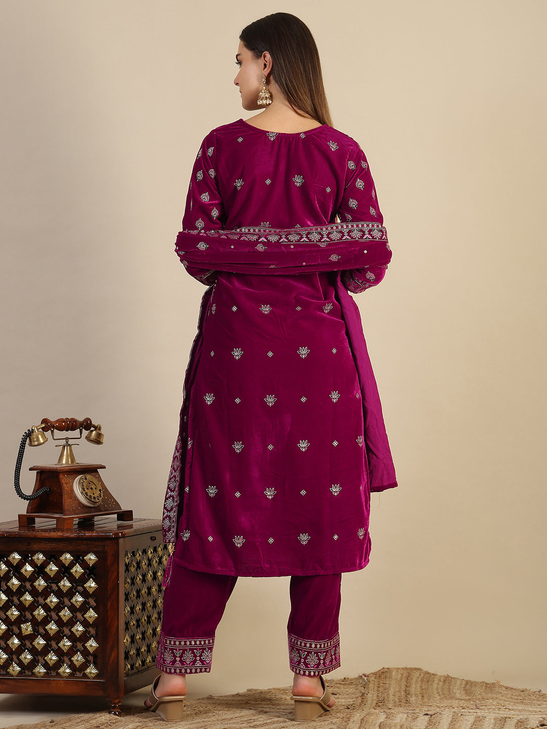 Hand & Foil Printed Velvet Kurta with pant & dupatta