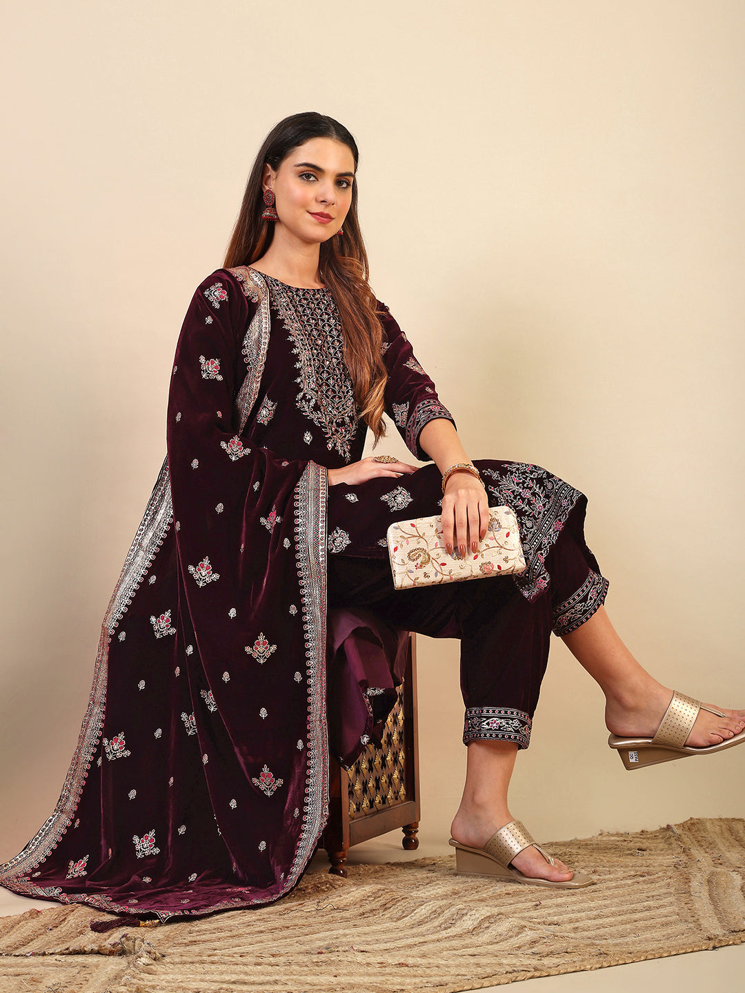 Hand & Foil Printed Velvet Kurta with pant & dupatta