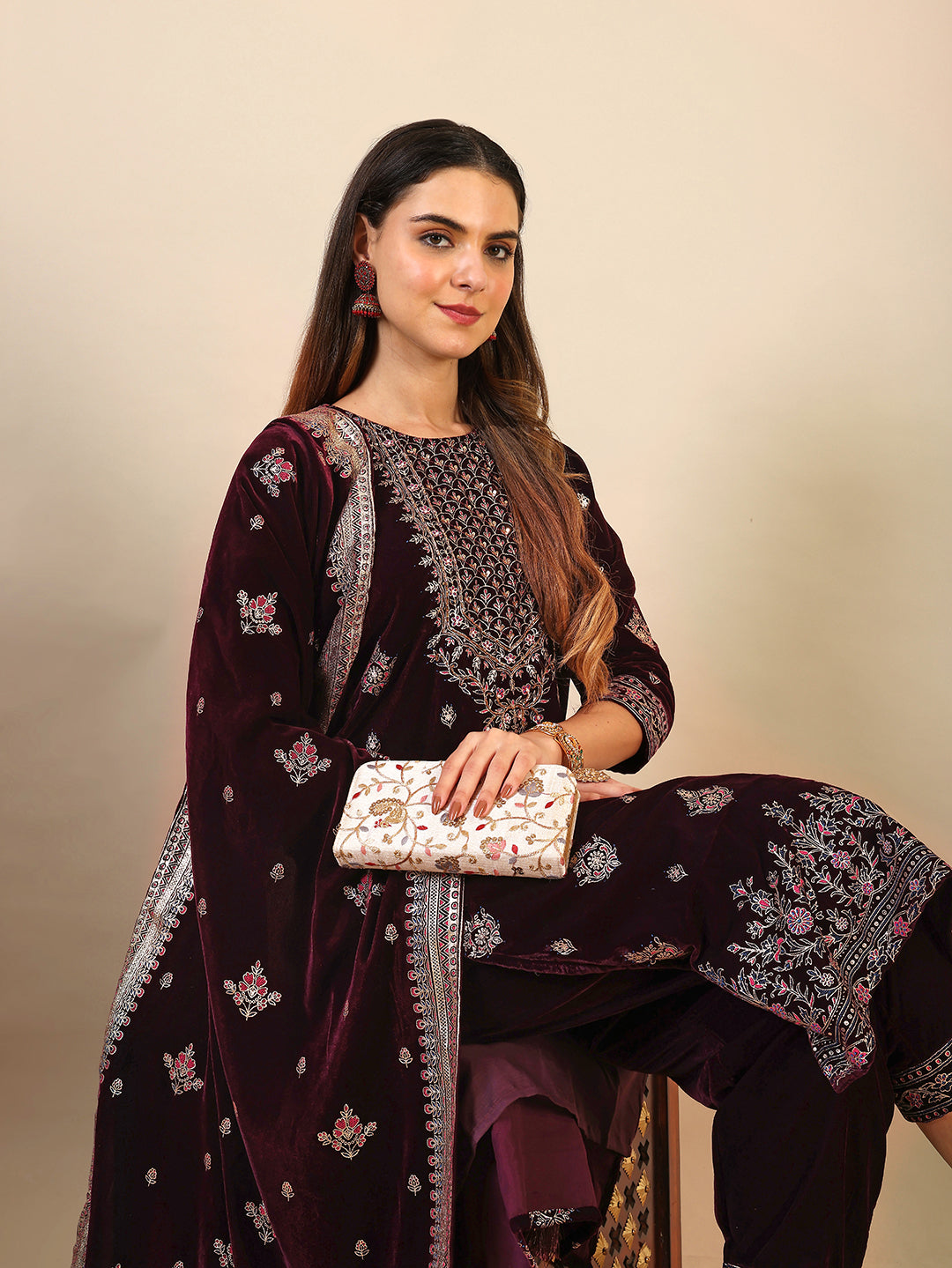 Hand & Foil Printed Velvet Kurta with pant & dupatta