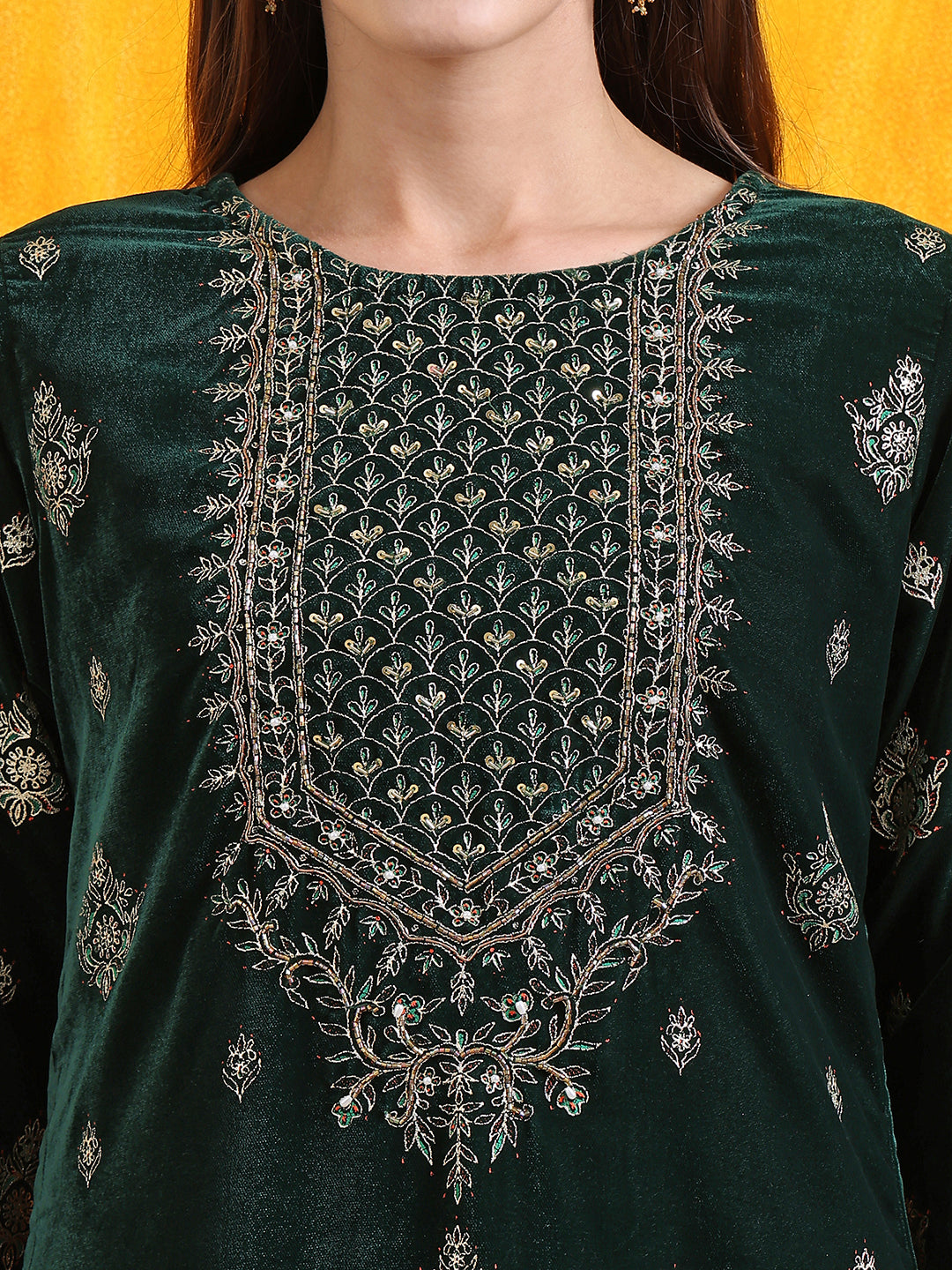 Hand Embroidered & Foil Printed Velvet Kurta with pant & dupatta