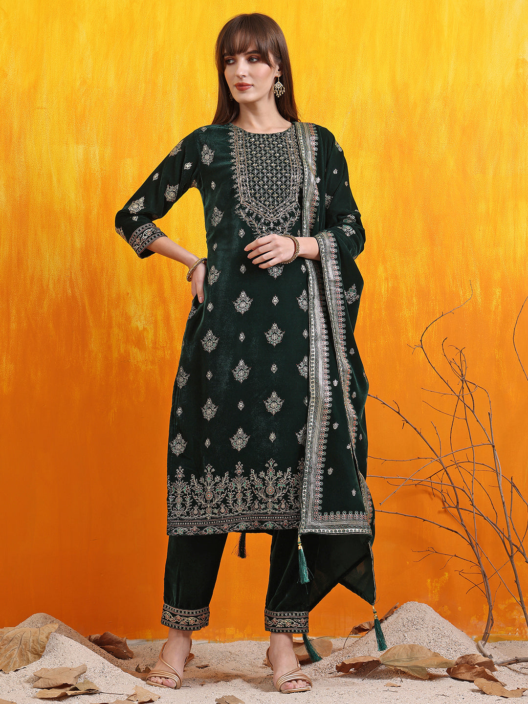 Hand Embroidered & Foil Printed Velvet Kurta with pant & dupatta