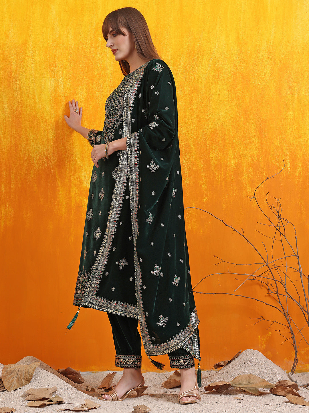 Hand Embroidered & Foil Printed Velvet Kurta with pant & dupatta