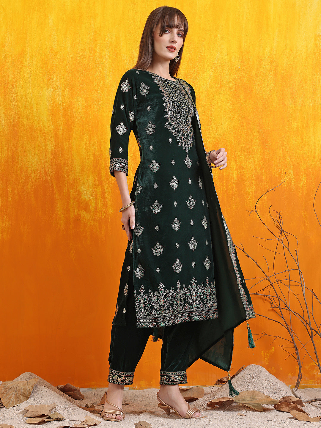 Hand Embroidered & Foil Printed Velvet Kurta with pant & dupatta