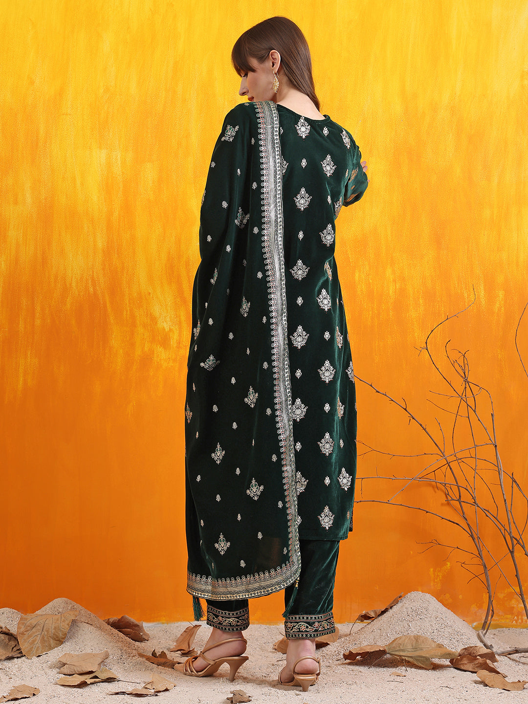 Hand Embroidered & Foil Printed Velvet Kurta with pant & dupatta