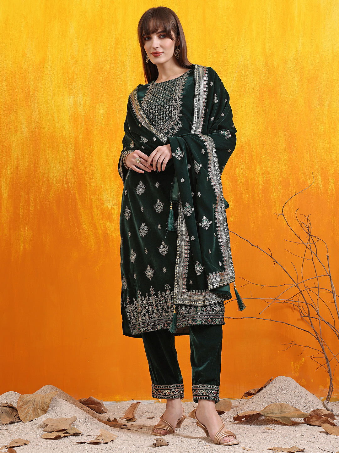 Hand Embroidered & Foil Printed Velvet Kurta with pant & dupatta