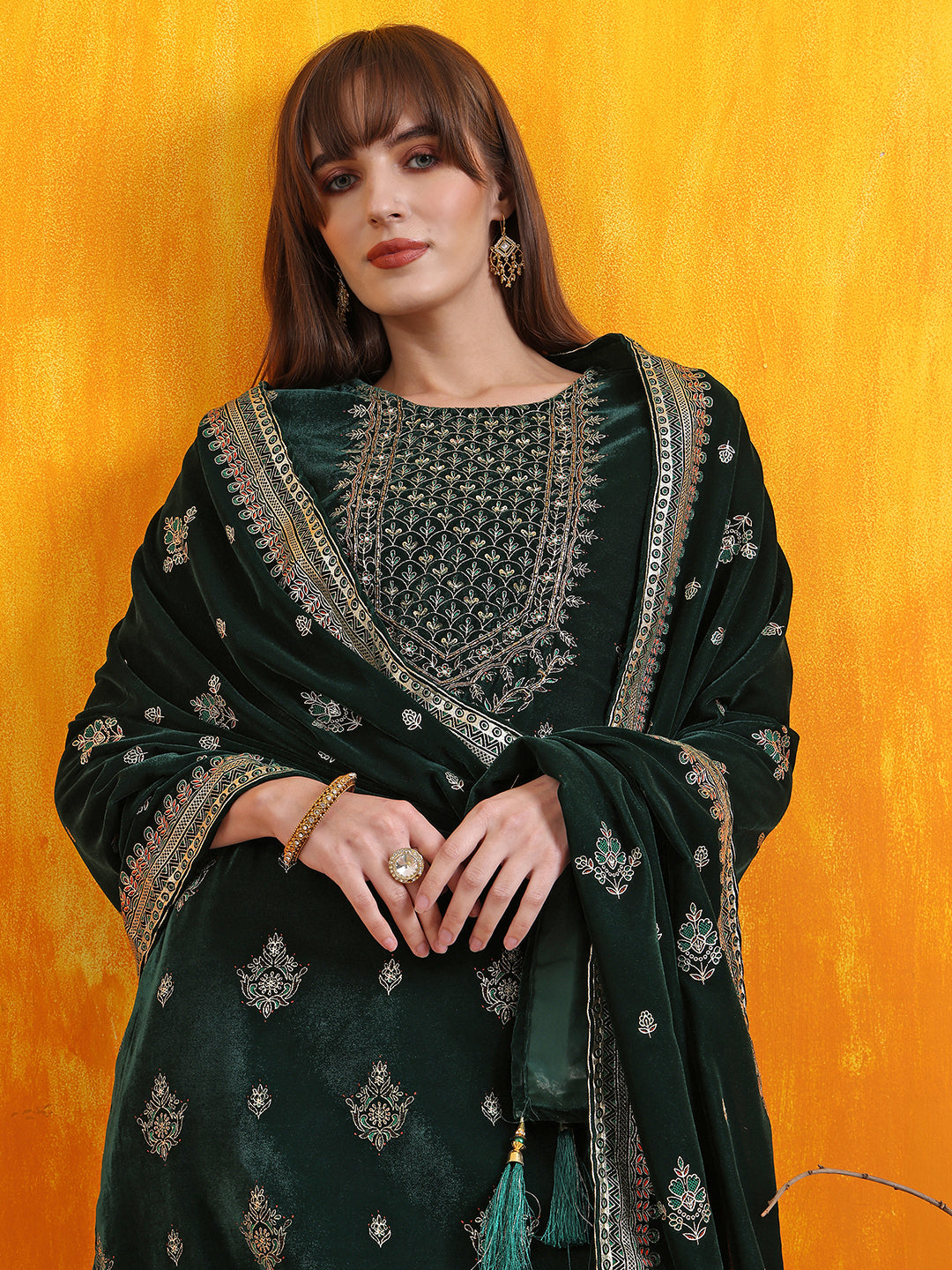 Hand Embroidered & Foil Printed Velvet Kurta with pant & dupatta