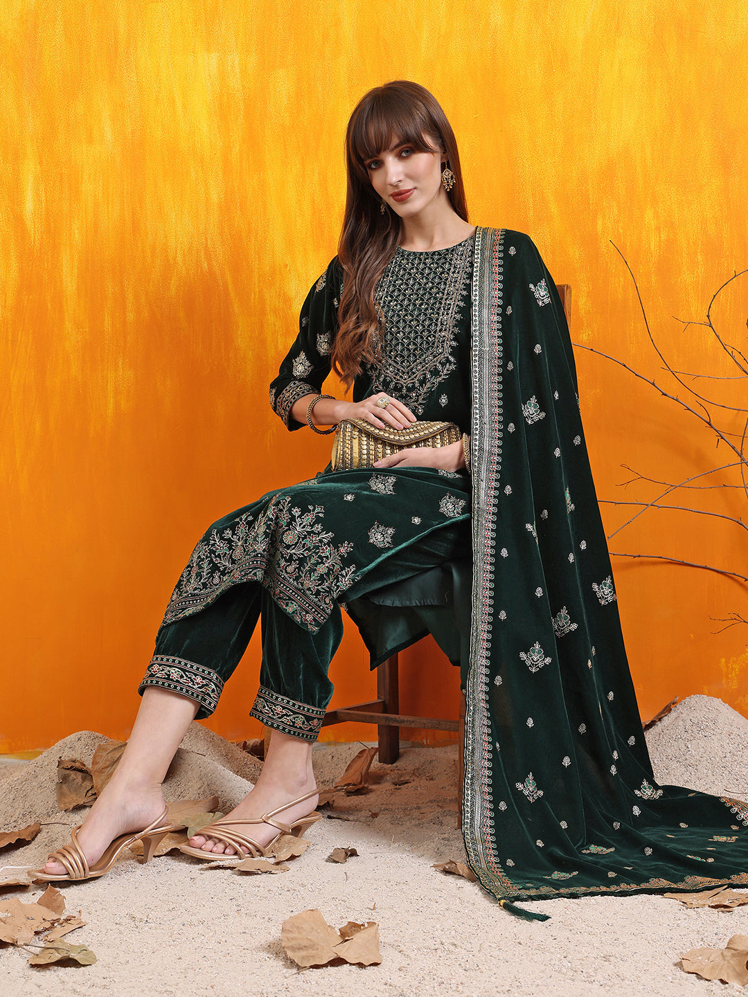 Hand Embroidered & Foil Printed Velvet Kurta with pant & dupatta