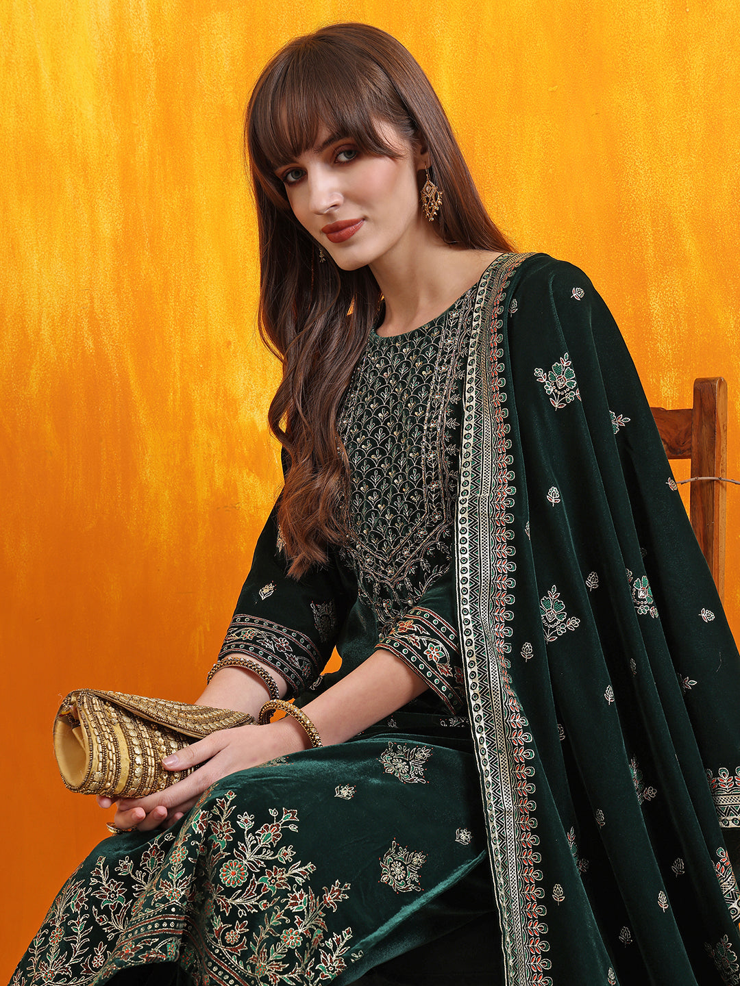 Hand Embroidered & Foil Printed Velvet Kurta with pant & dupatta