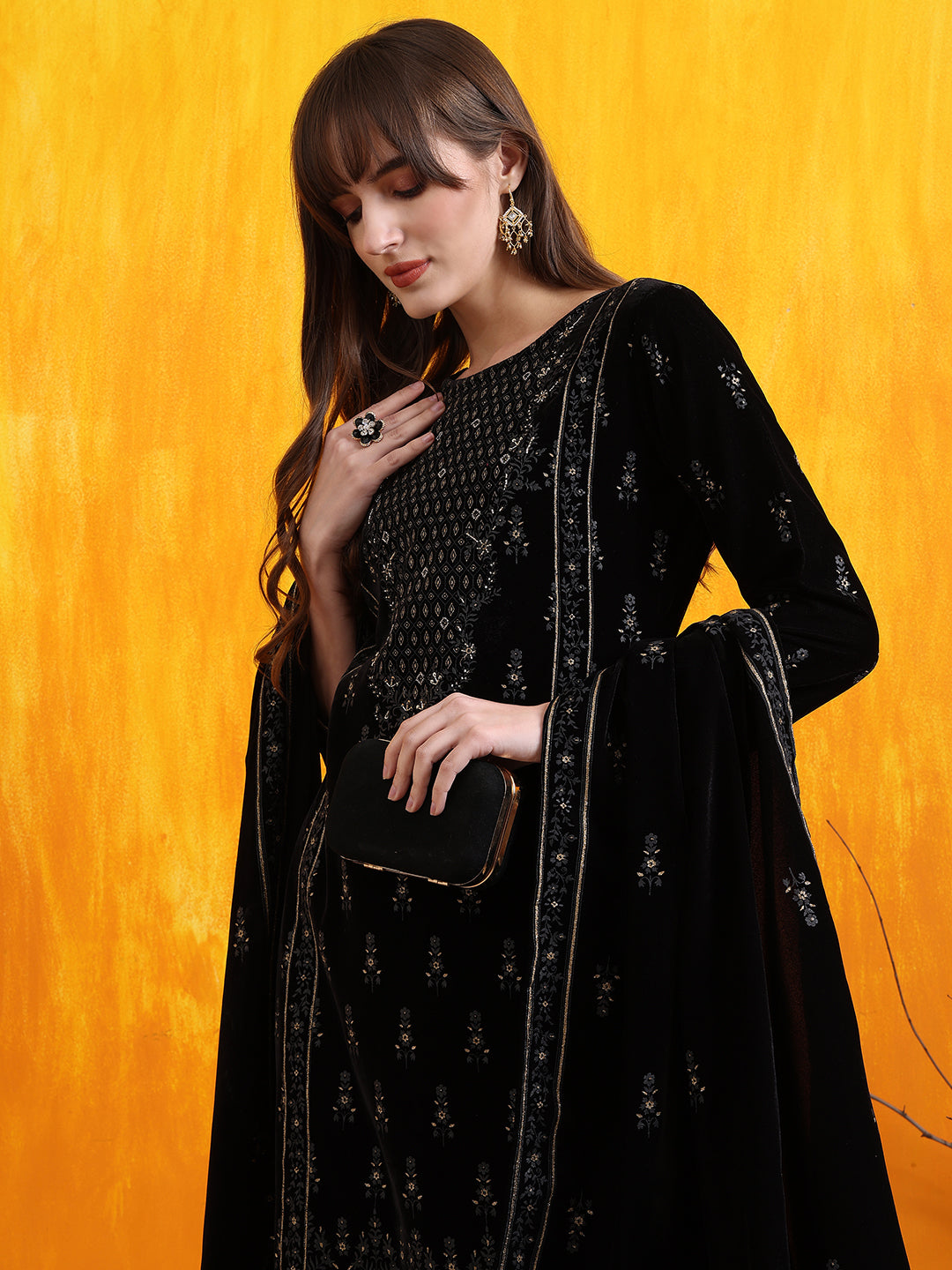 Hand Embroidered & Foil Printed Velvet Kurta with pant & dupatta