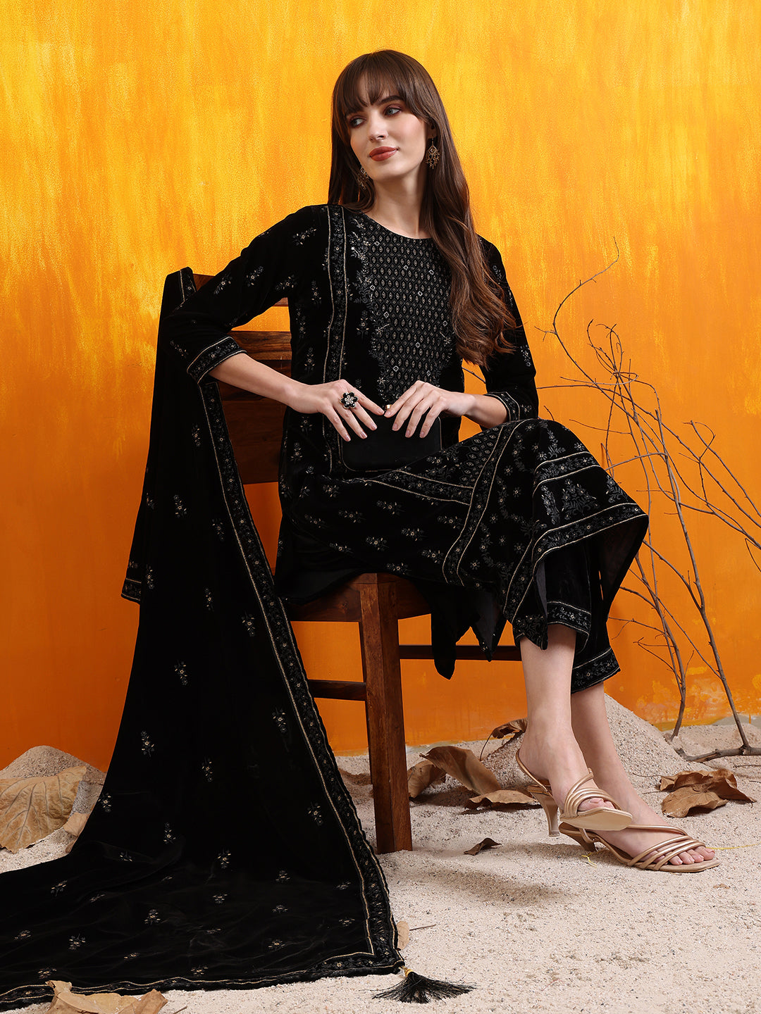 Hand Embroidered & Foil Printed Velvet Kurta with pant & dupatta