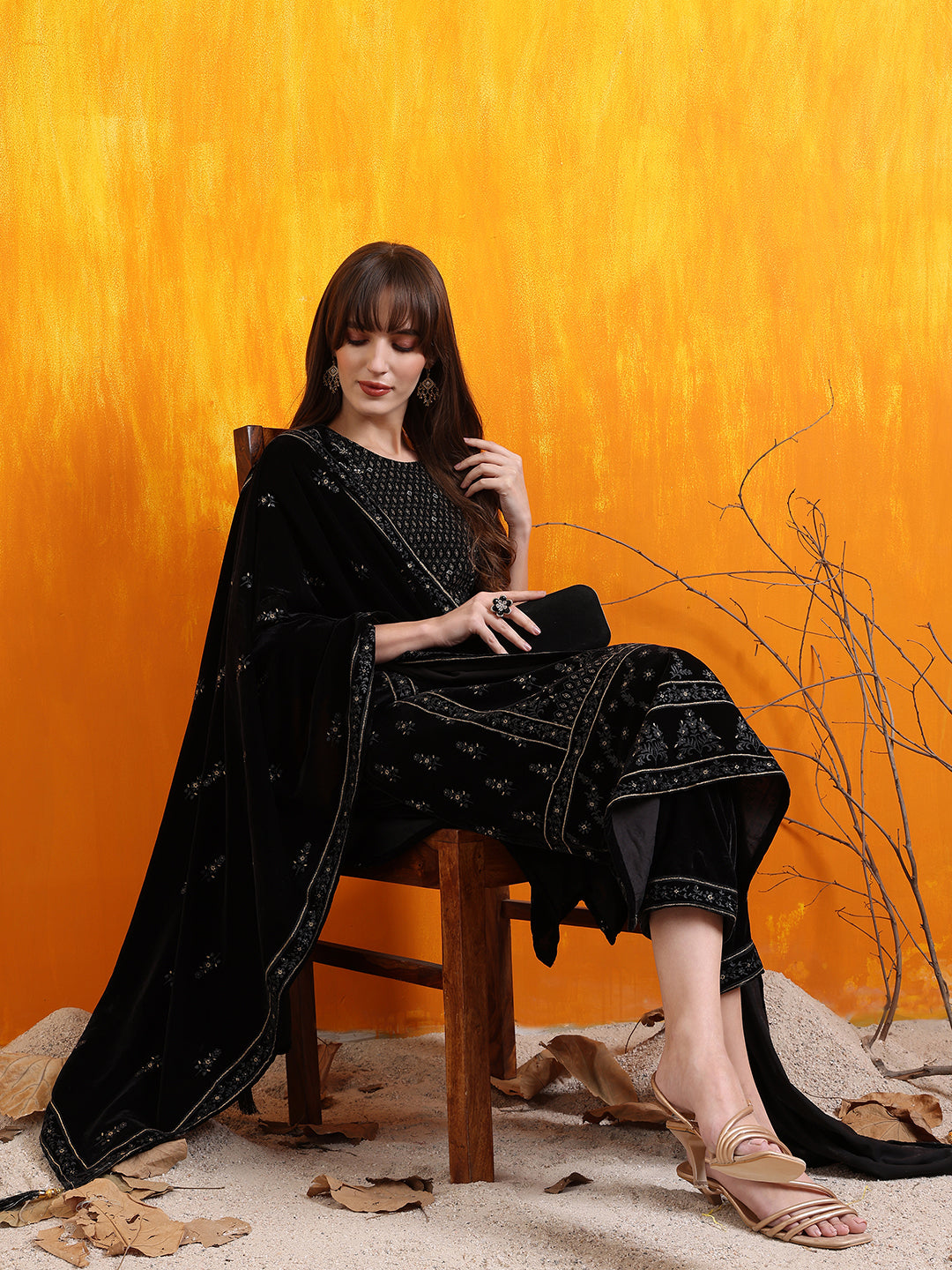 Hand Embroidered & Foil Printed Velvet Kurta with pant & dupatta