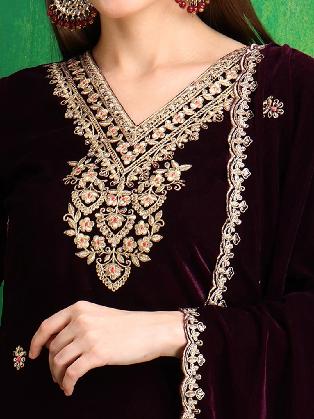 Velvet Embroidered Kurta with Pant & Embroidered Velvet Dupatta