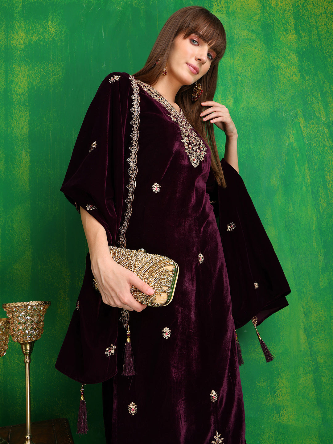 Velvet Embroidered Kurta with Pant & Embroidered Velvet Dupatta