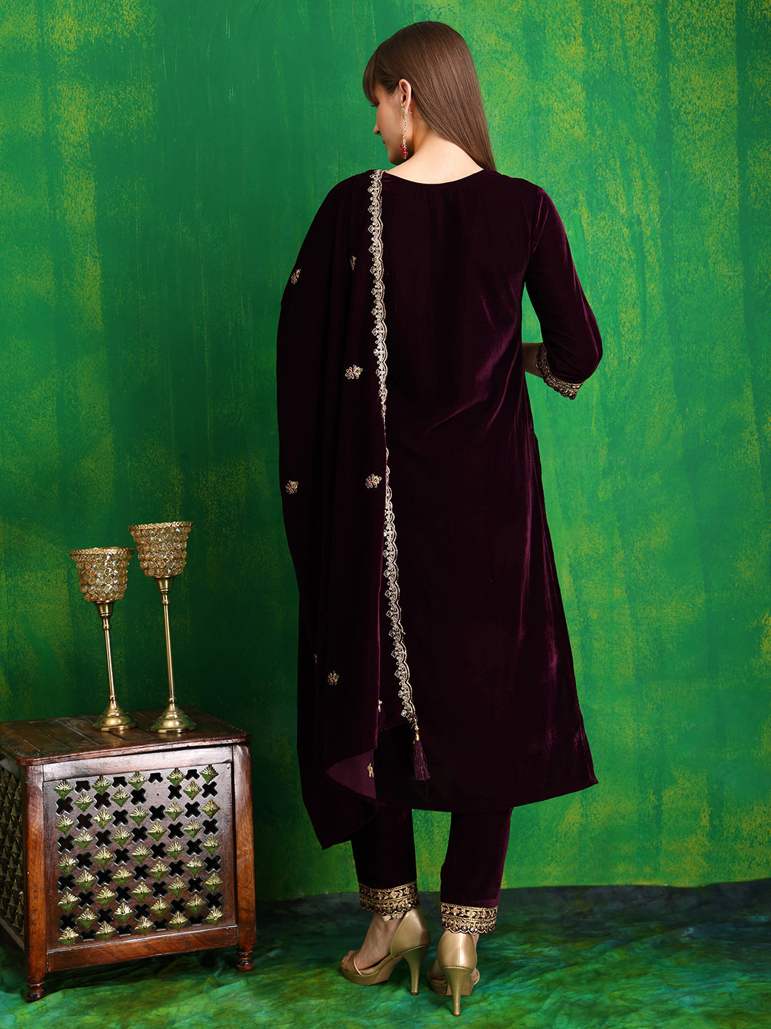 Velvet Embroidered Kurta with Pant & Embroidered Velvet Dupatta