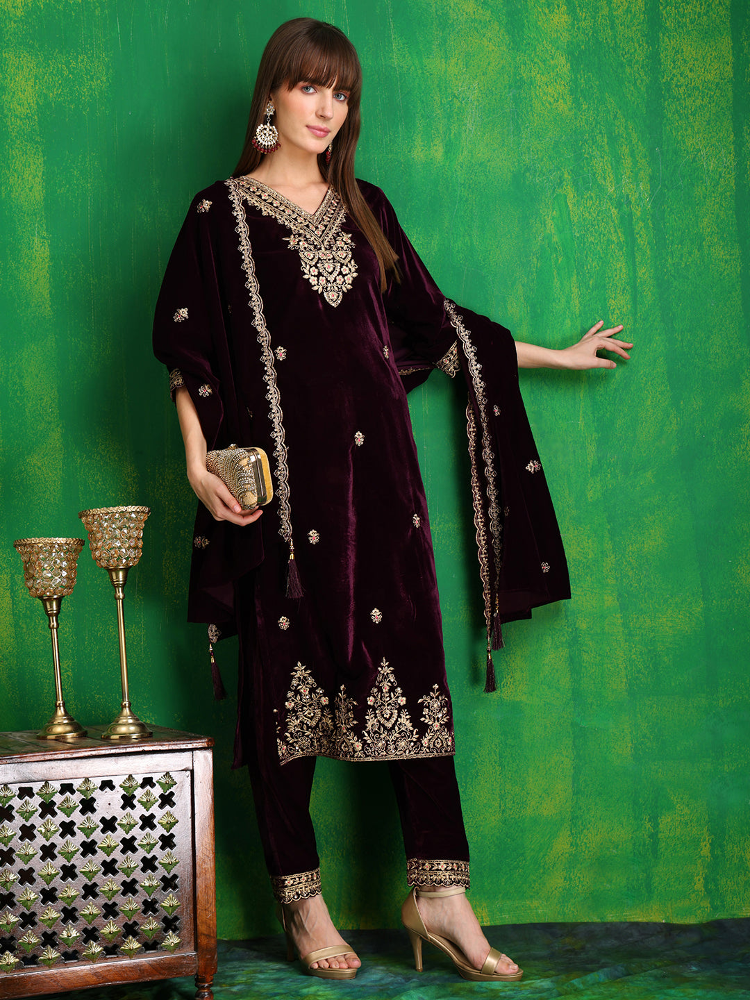 Velvet Embroidered Kurta with Pant & Embroidered Velvet Dupatta