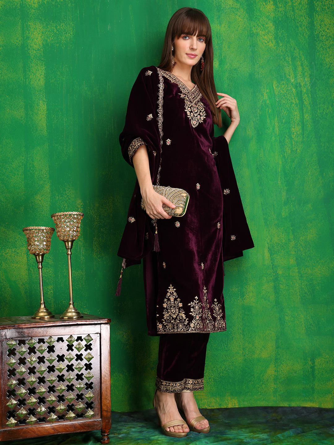 Velvet Embroidered Kurta with Pant & Embroidered Velvet Dupatta