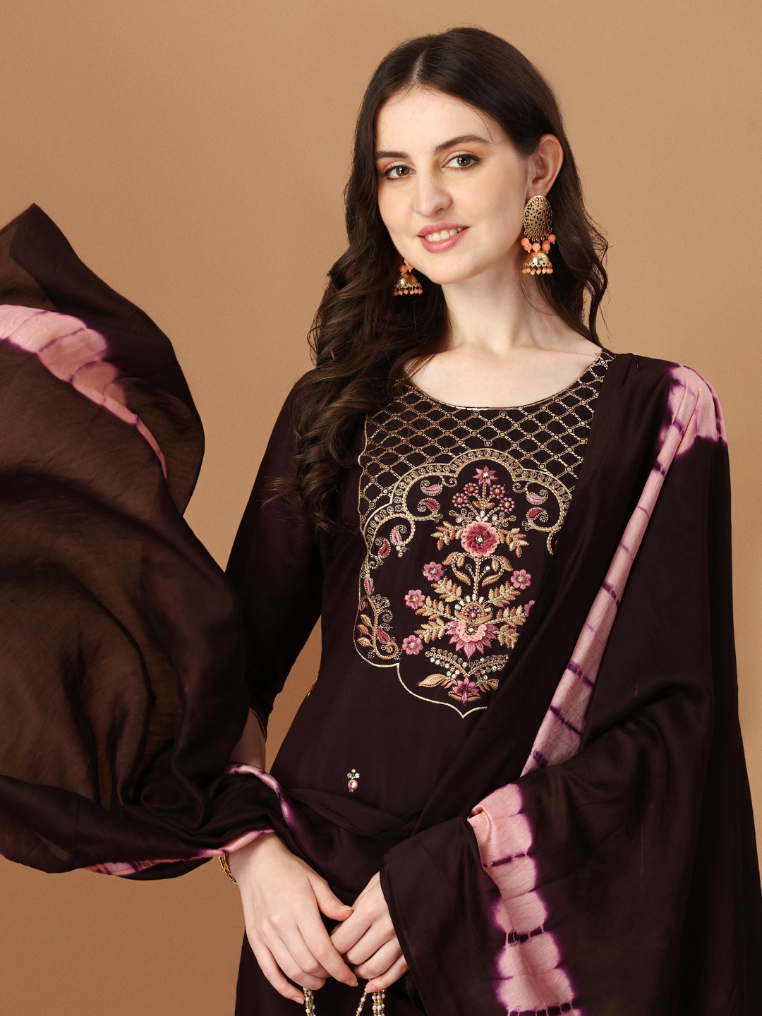 Hand Embroidered Chanderi Kurta with pant & dupatta set