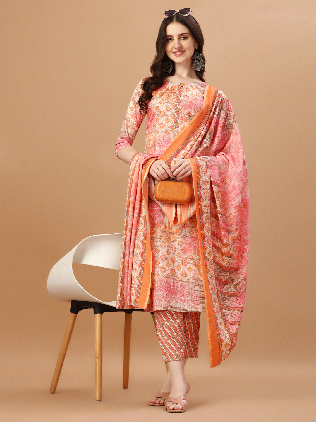 printed Cotton orange & pink Kurta Pant & dupatta set