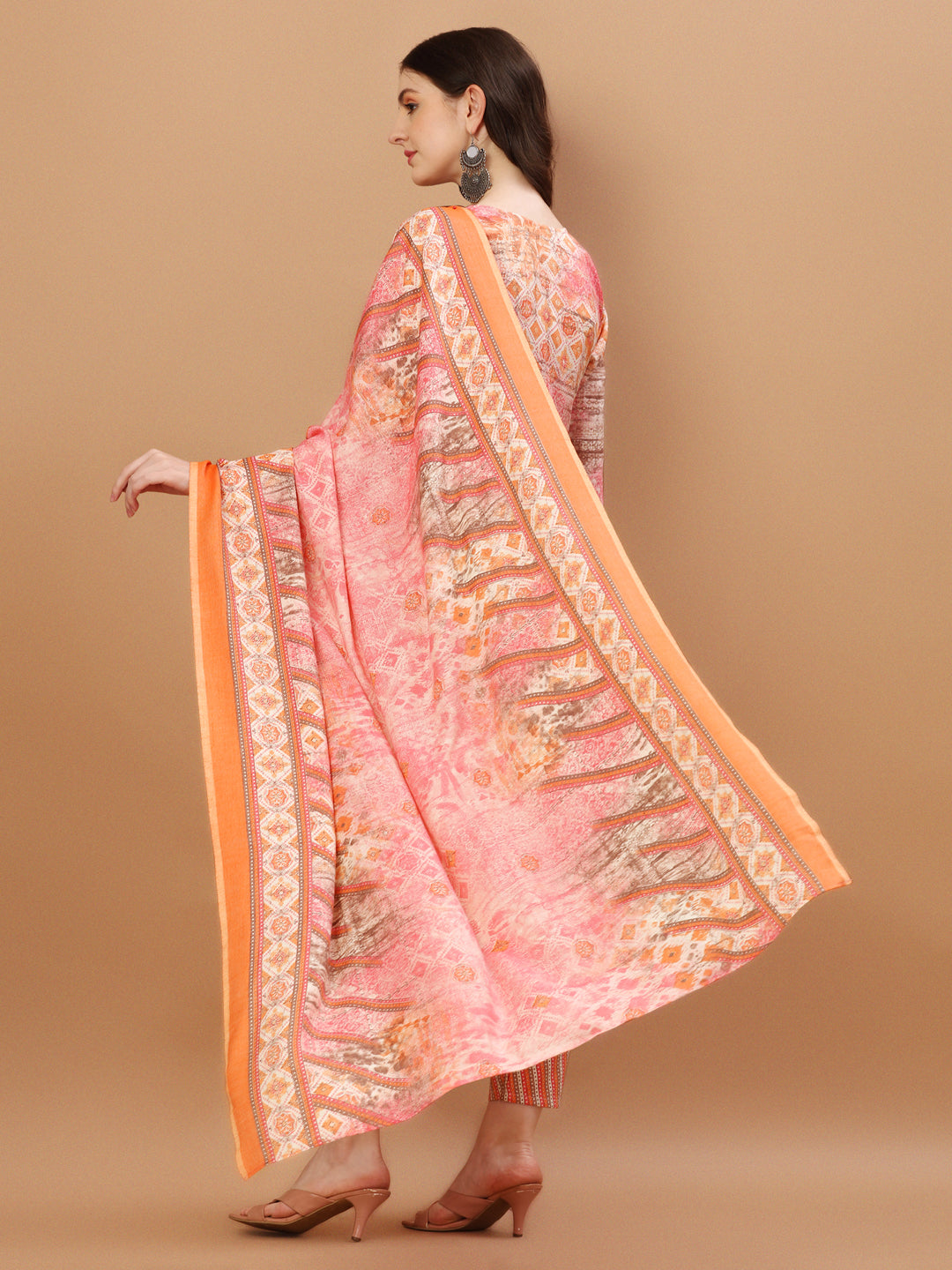printed Cotton orange & pink Kurta Pant & dupatta set