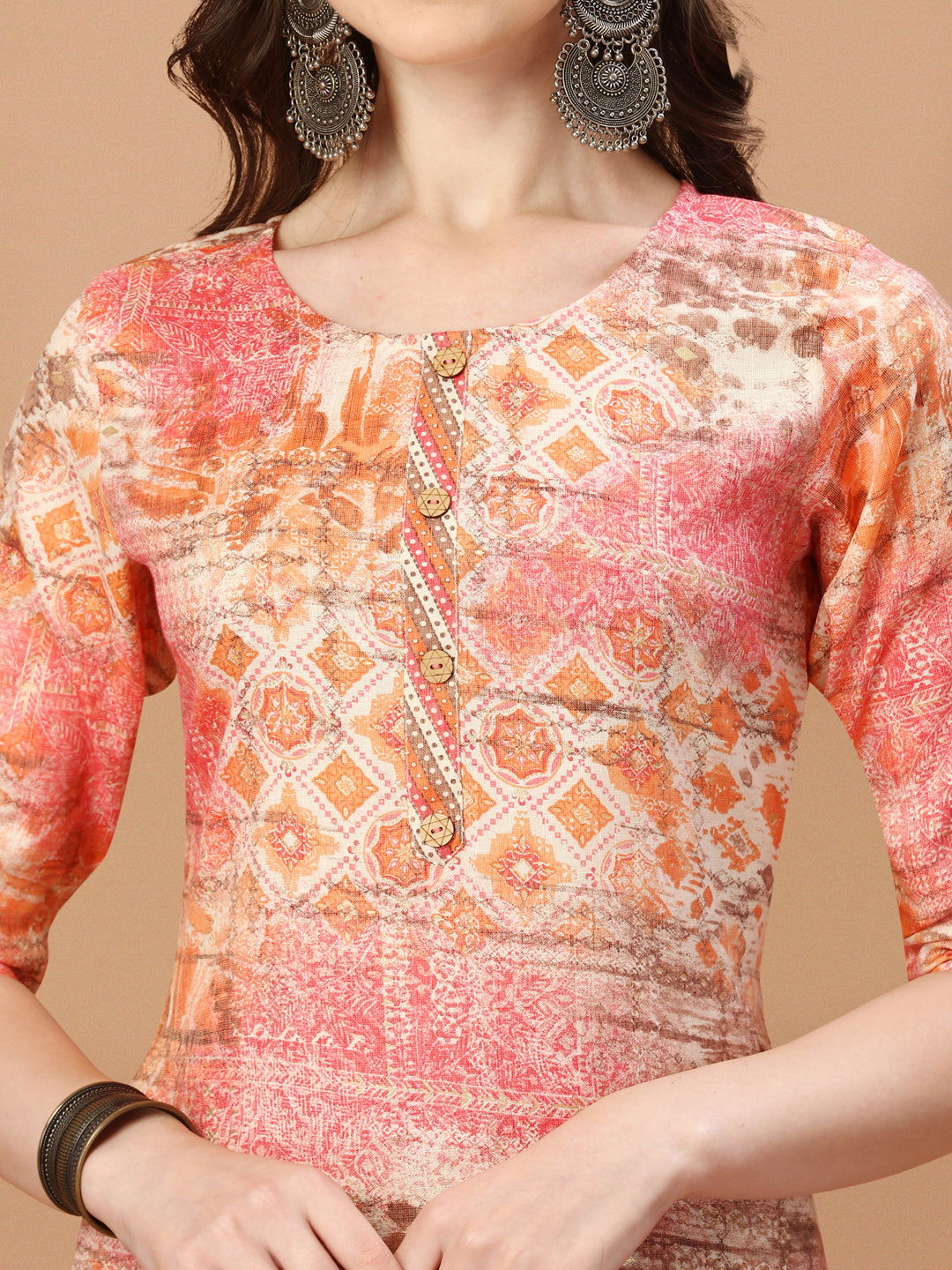 printed Cotton orange & pink Kurta Pant & dupatta set