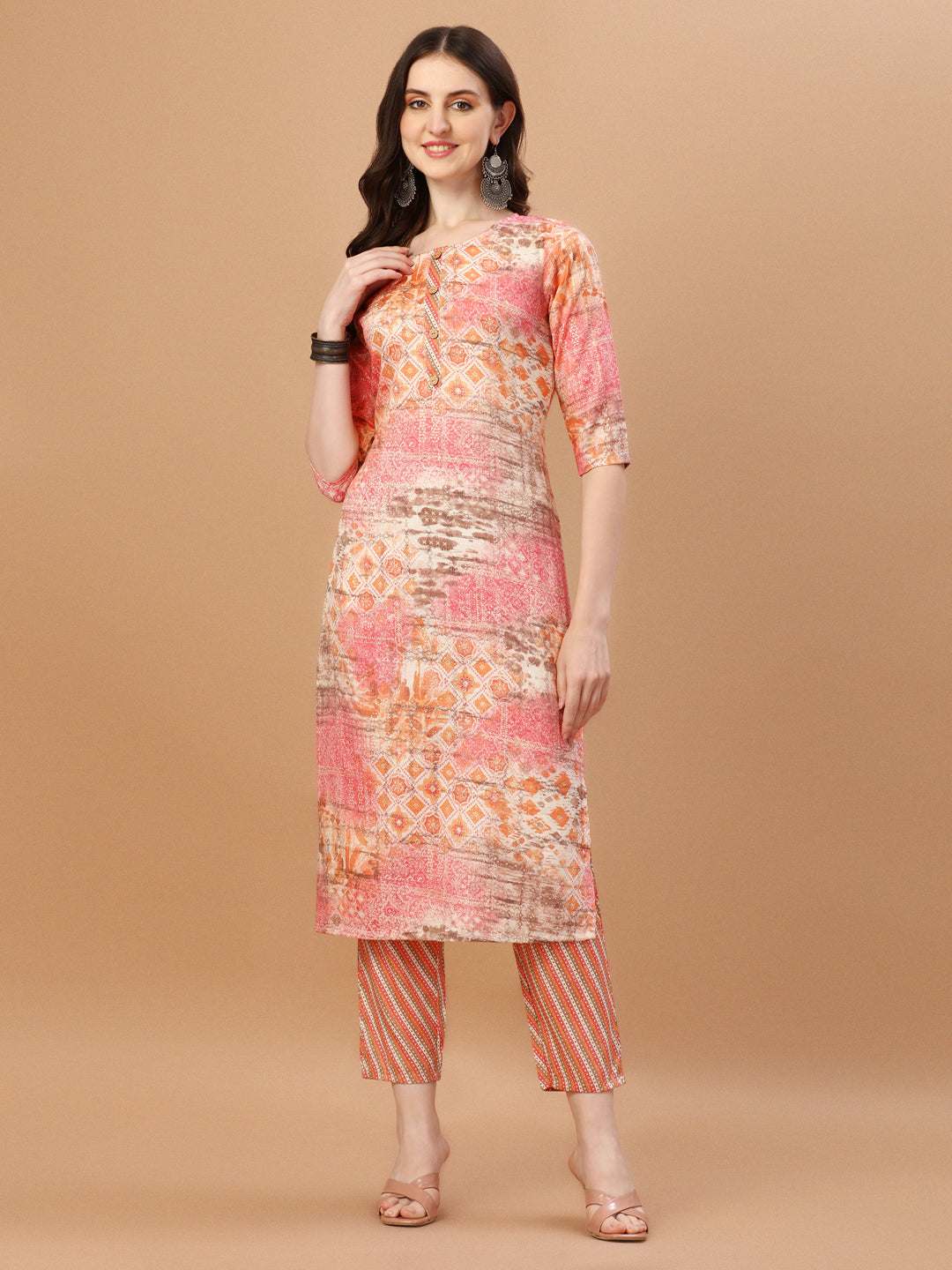 printed Cotton orange & pink Kurta Pant & dupatta set