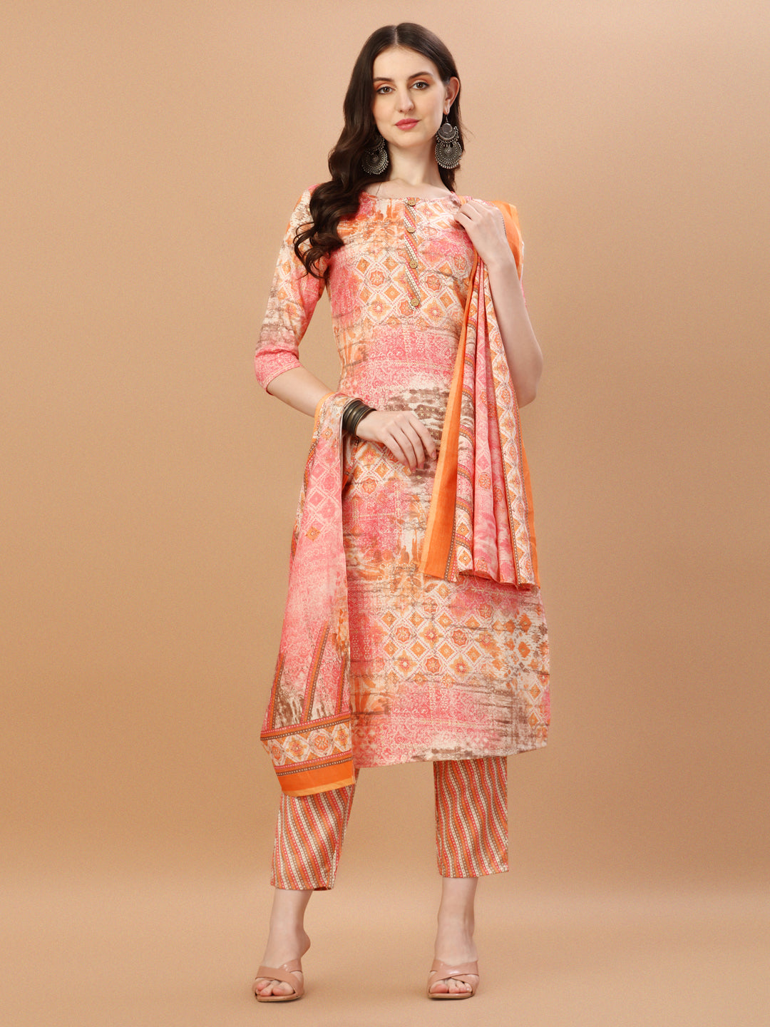 printed Cotton orange & pink Kurta Pant & dupatta set