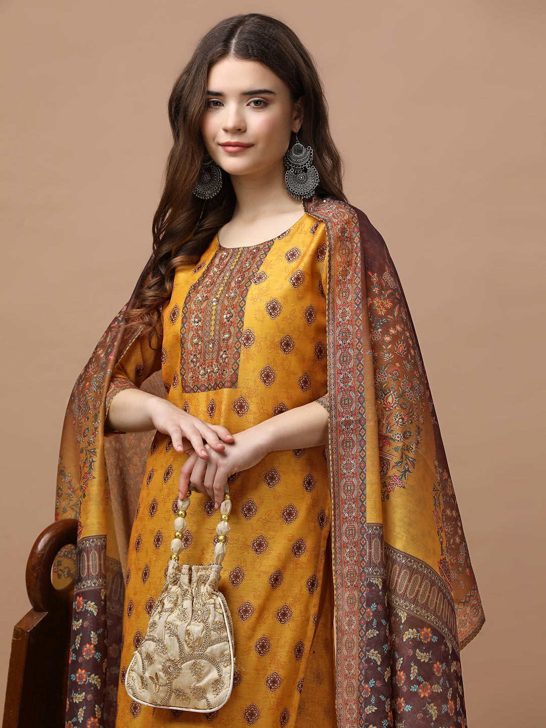 Embroidered & Ethnic motifs printed kurta with pant & dupatta