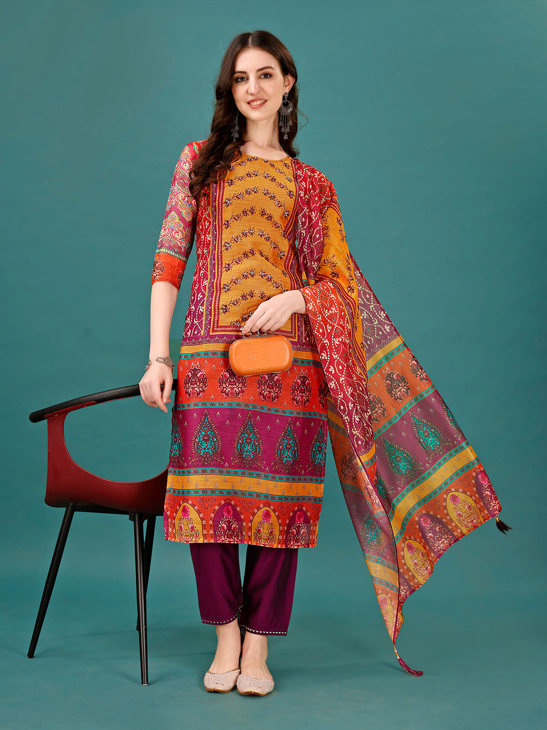 Printed & Hand Embroidered Kurta with pant & dupatta