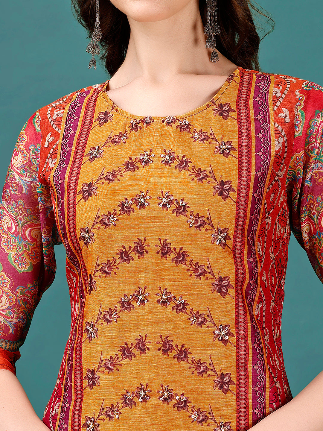 Printed & Hand Embroidered Kurta with pant & dupatta