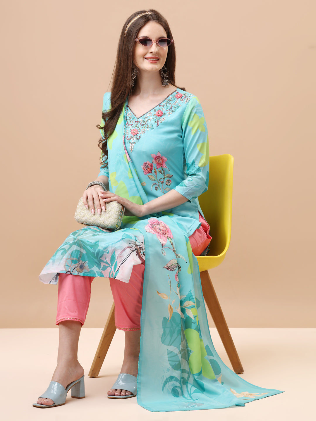 Hand Embroidered Floral Printed Kurta with Pant & Dupatta