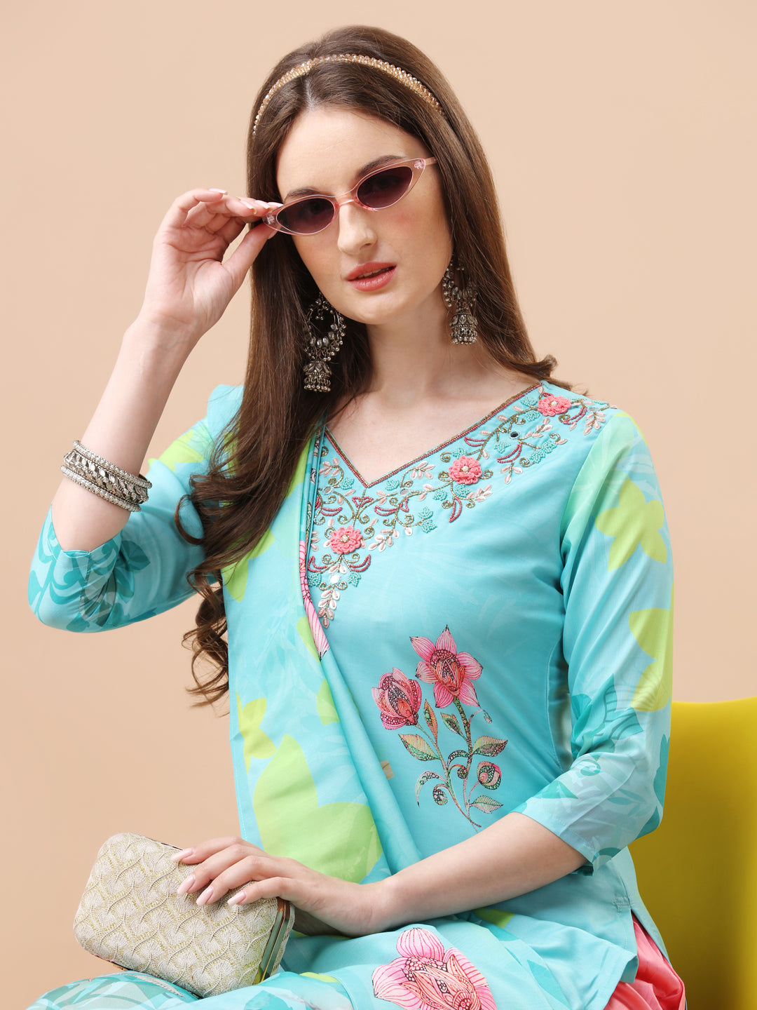 Hand Embroidered Floral Printed Kurta with Pant & Dupatta