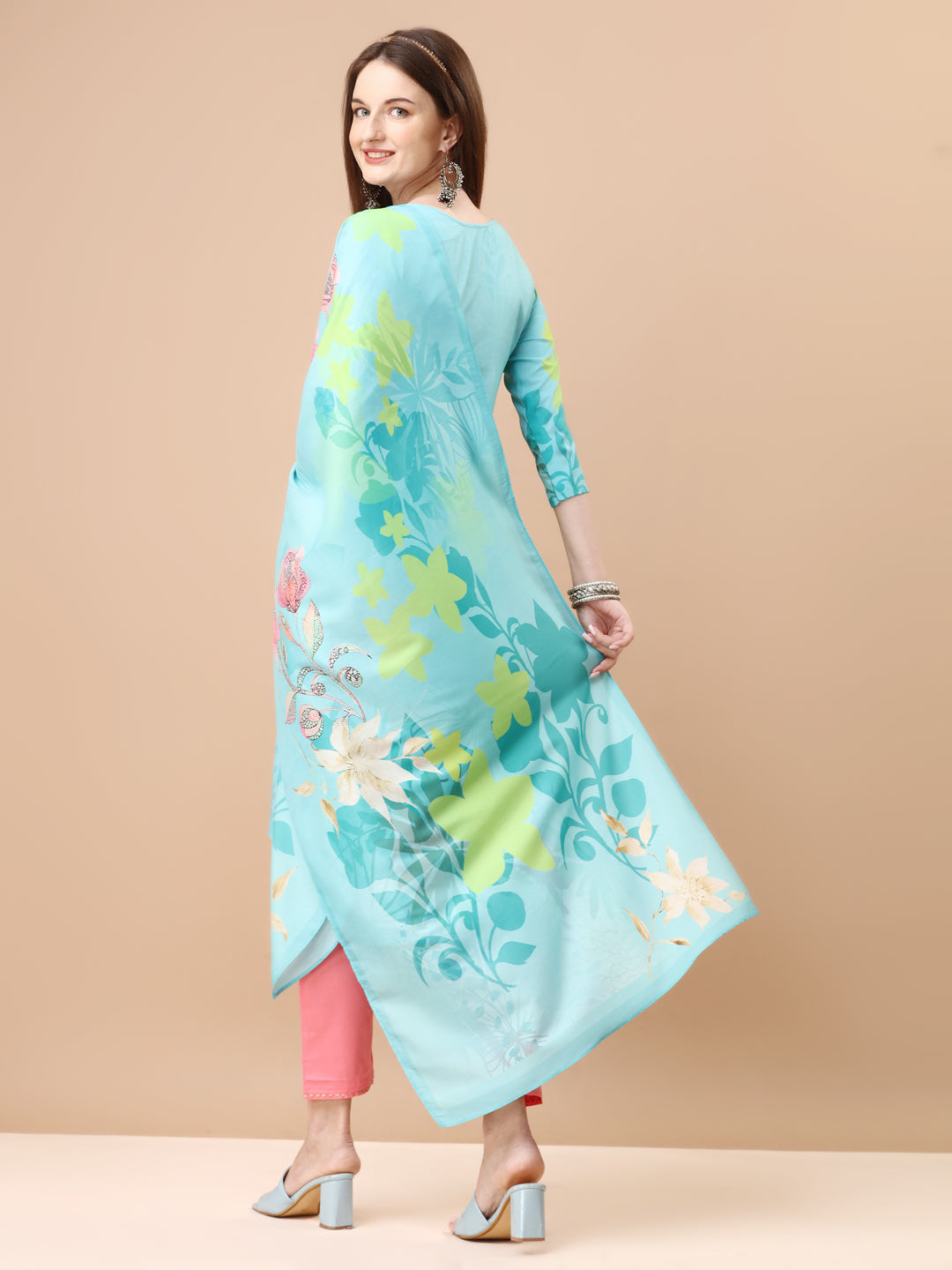 Hand Embroidered Floral Printed Kurta with Pant & Dupatta