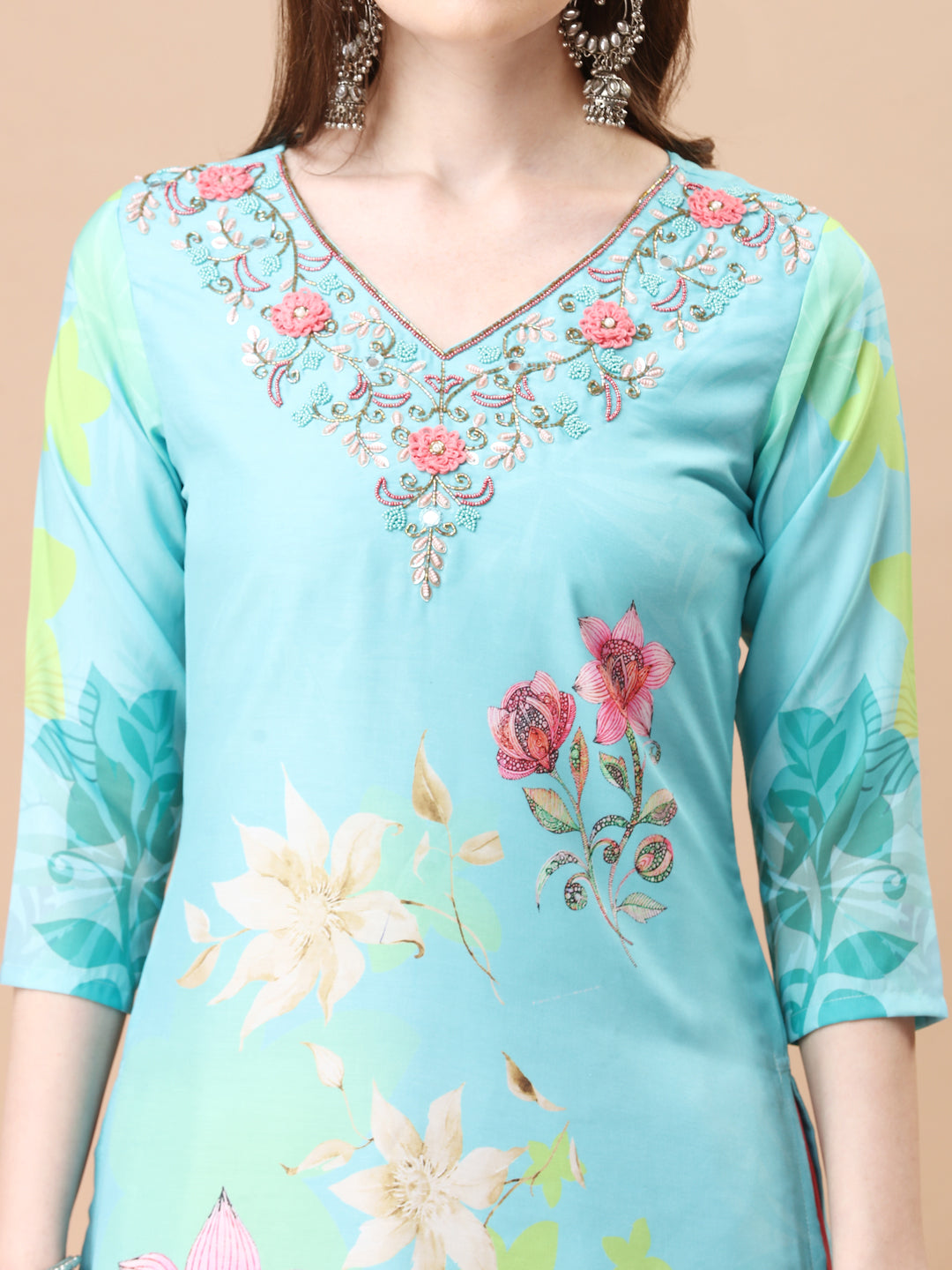 Hand Embroidered Floral Printed Kurta with Pant & Dupatta