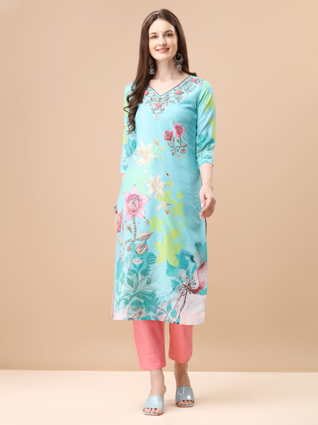 Hand Embroidered Floral Printed Kurta with Pant & Dupatta