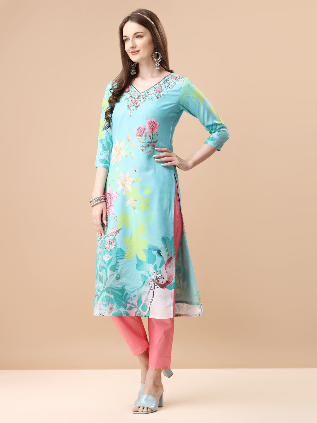 Hand Embroidered Floral Printed Kurta with Pant & Dupatta