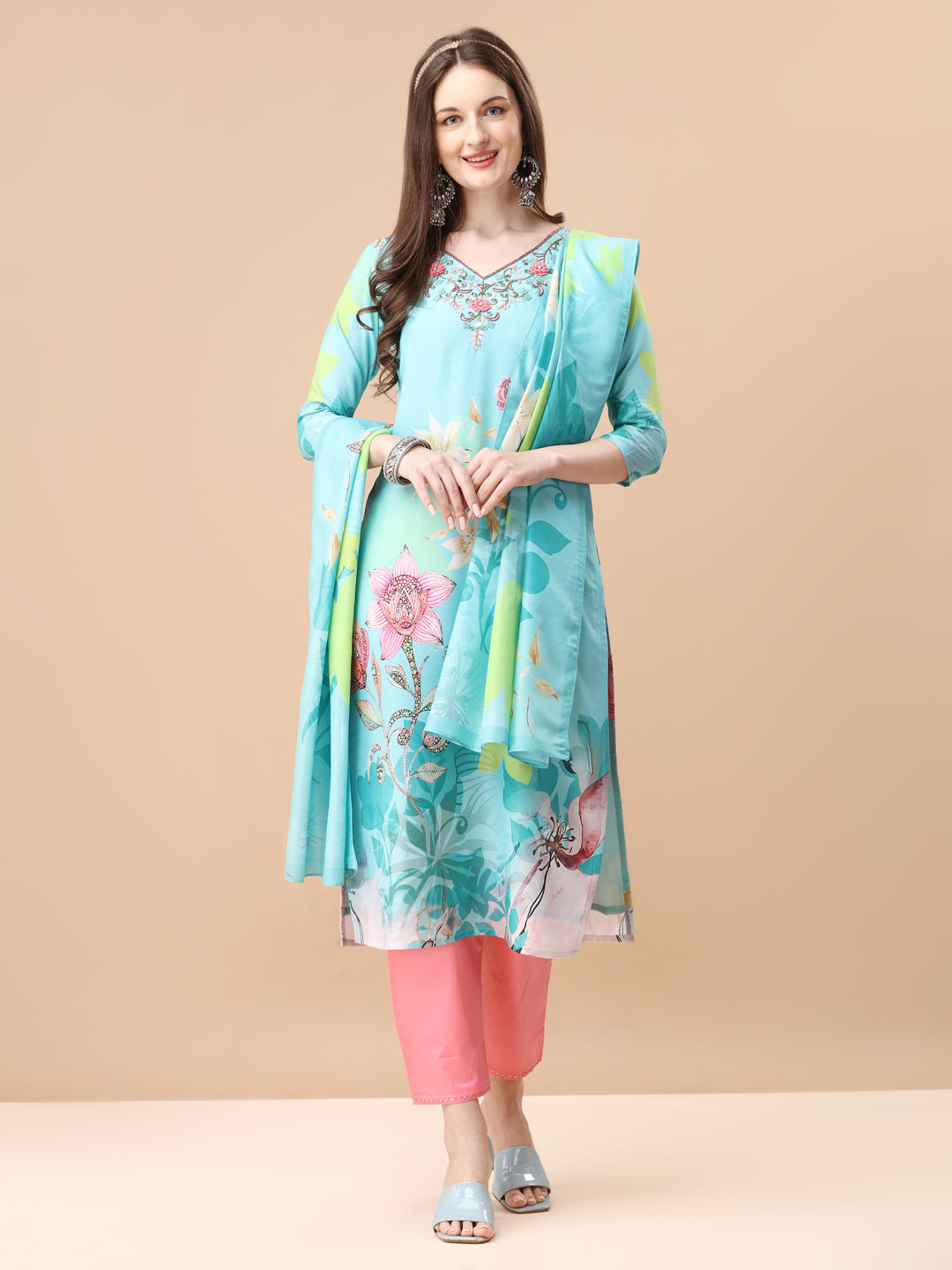 Hand Embroidered Floral Printed Kurta with Pant & Dupatta