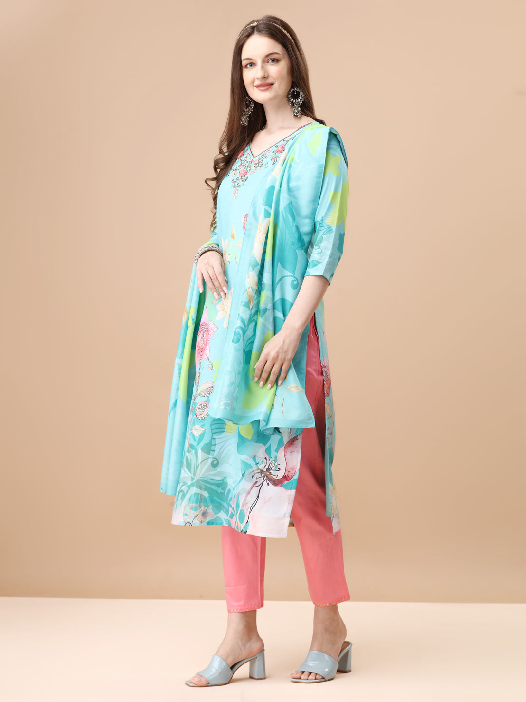 Hand Embroidered Floral Printed Kurta with Pant & Dupatta